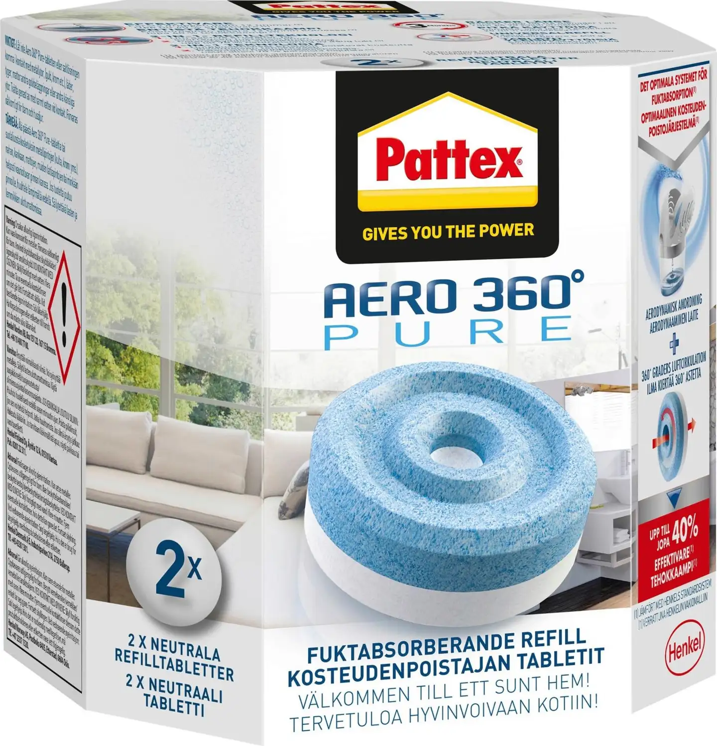 Pattex 2x450g Kosteudenpoistaja Aero360 täyttöpakkaus hajuja neutraloiva