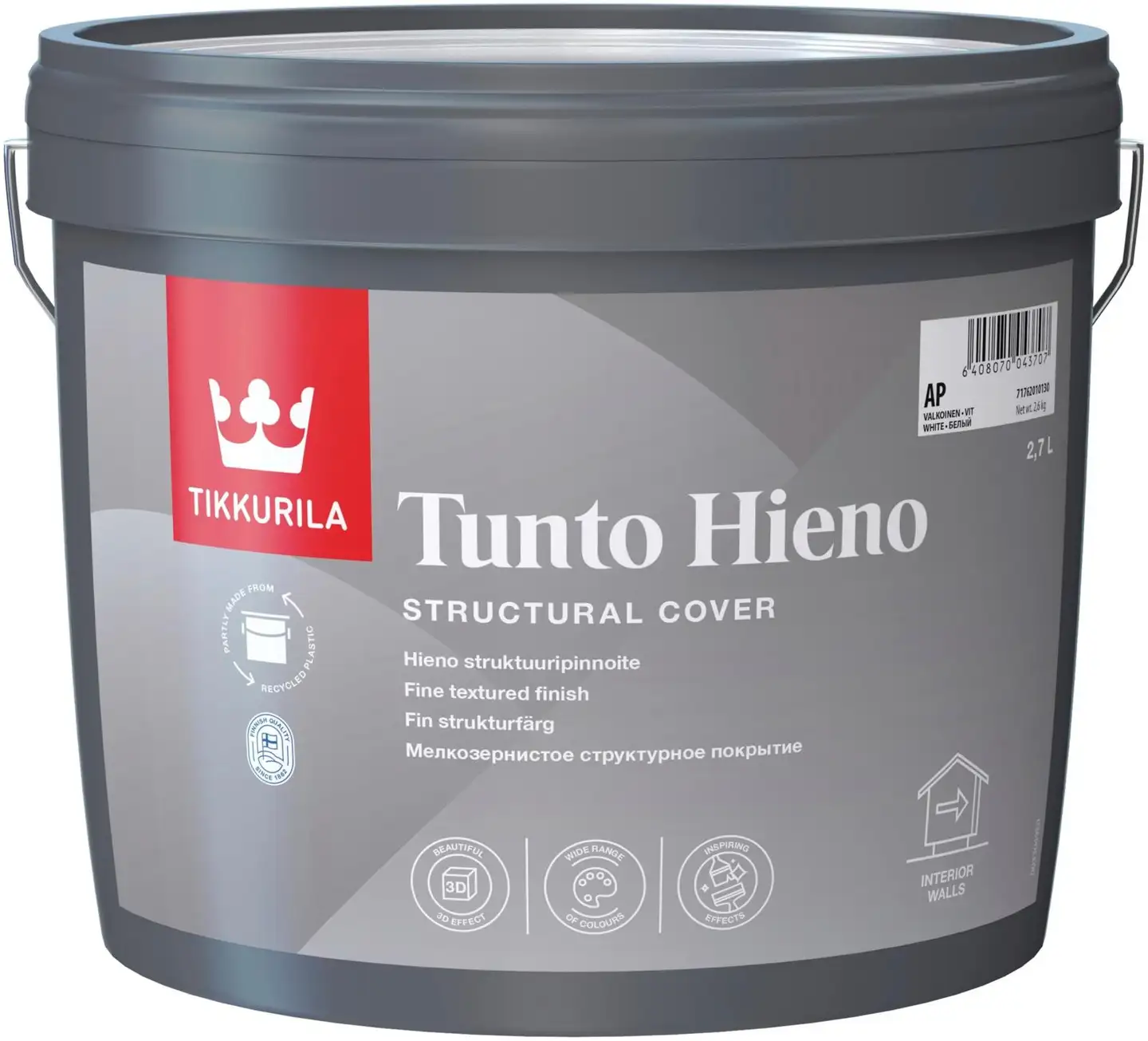 Tikkurila struktuuripinnoite Tunto Hieno 2,7 l AP valkoinen sävytettävissä täyshimmeä