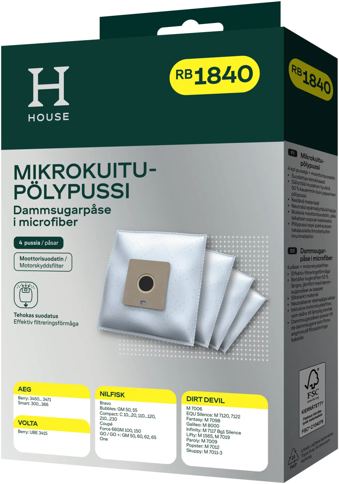 House RB1840 pölypussi 4 kpl + moottorisuodatin - 1