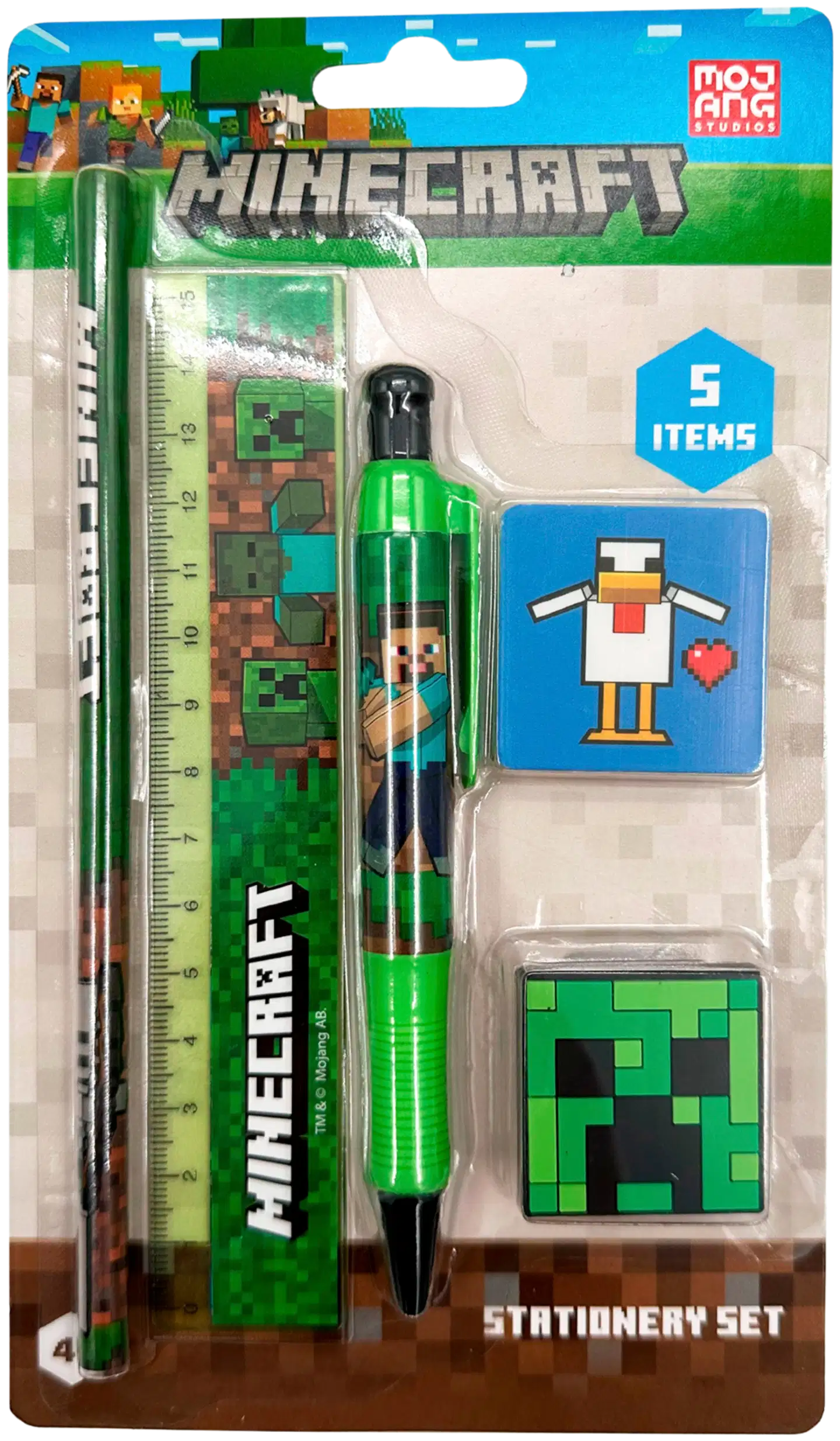 Minecraft kirjoitussetti 5 os., sis. Lyijykynä, viivoitin, kuulakärkikynä, kumi, teroitin