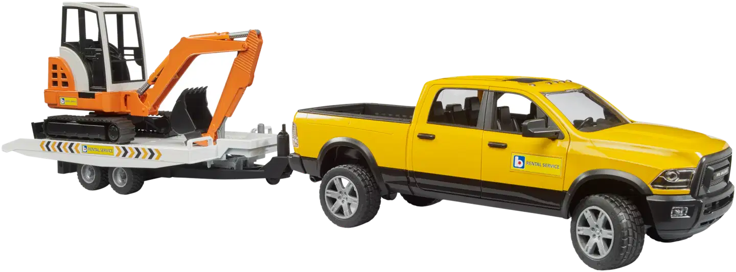 Bruder lelu Dodge RAM Power Wagon perävaunulla ja minikaivuri - 1