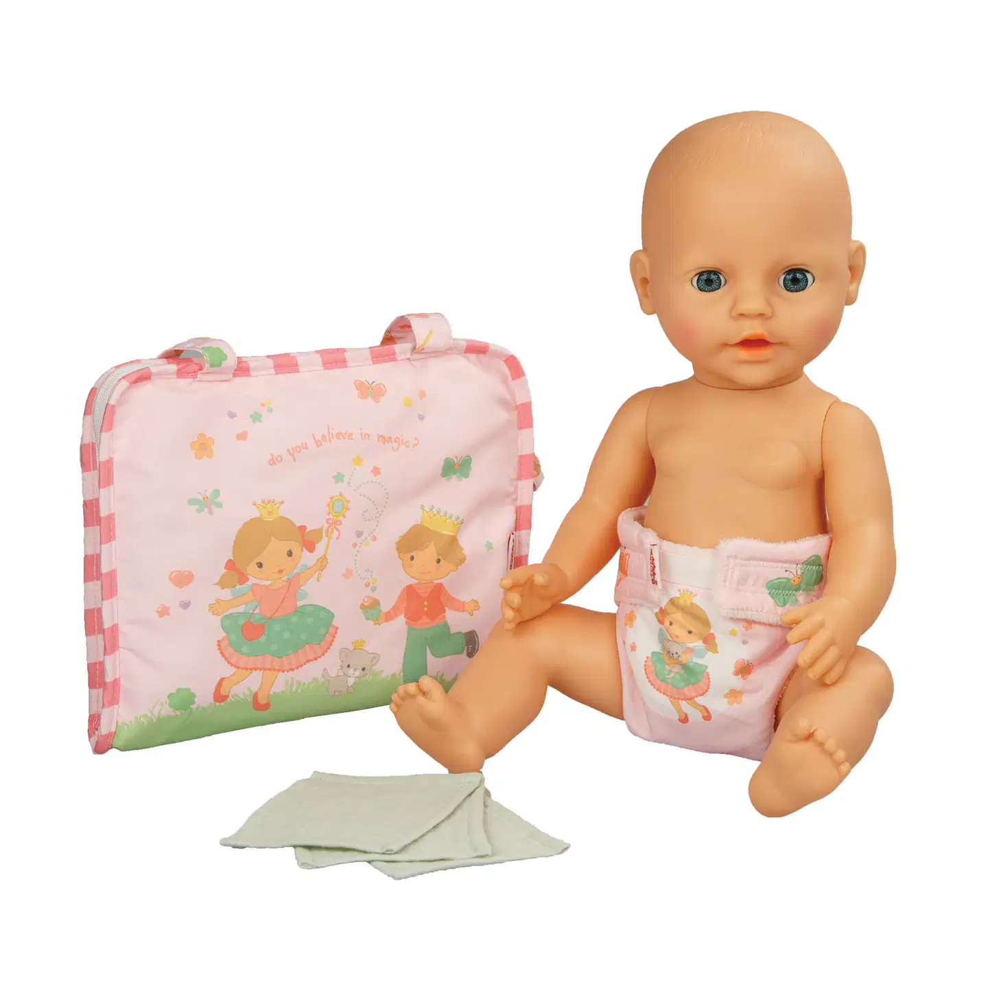 Nuken hoitolaukku "Prinsessa Emily" vaippakankaan ja kolmen harsokankaan kanssa. 35-45 cm nukelle - 2