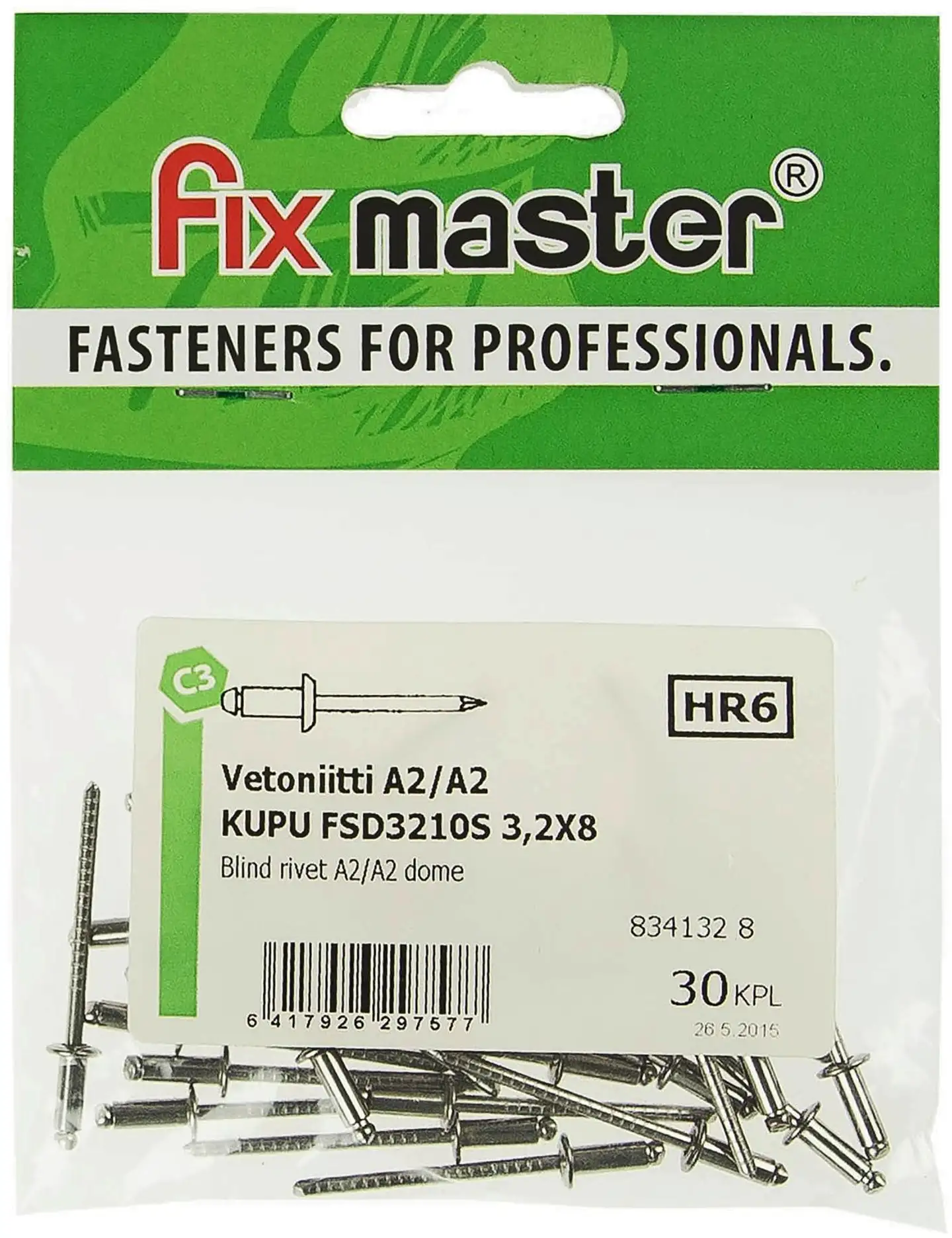 Fix Master vetoniitti kupukanta ruostumaton teräs A2 3,2X8 30kpl