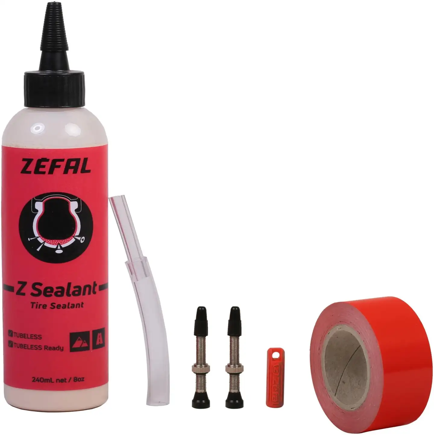 ZEFAL Tubeless kit sis 240ml neste, venttiilit ja teippi 25mm/9m