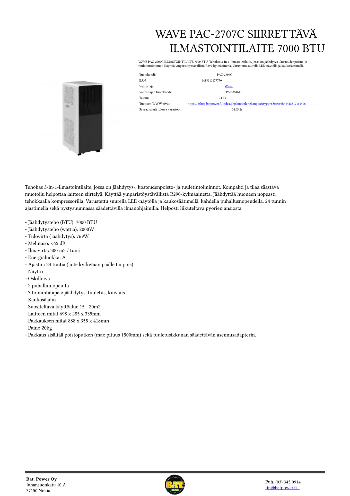 Wave Ilmastointilaite 7000 BTU - 3