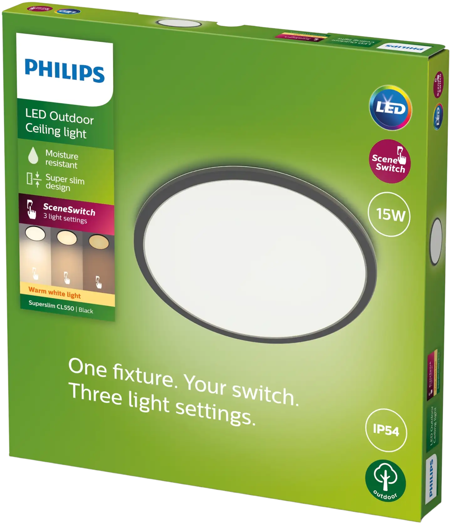 Philips ulkokattovalaisin SuperSlim musta SceneSwitch 15W 2700K IP54 - 2