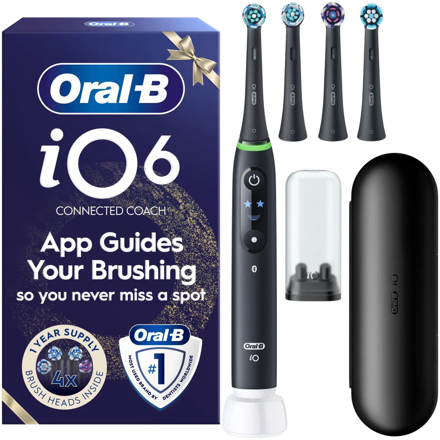 Oral-B iO 6 -sähköhammasharja, Giftset, Musta, 4 vaihtoharjaa, Matkakotelo - 1
