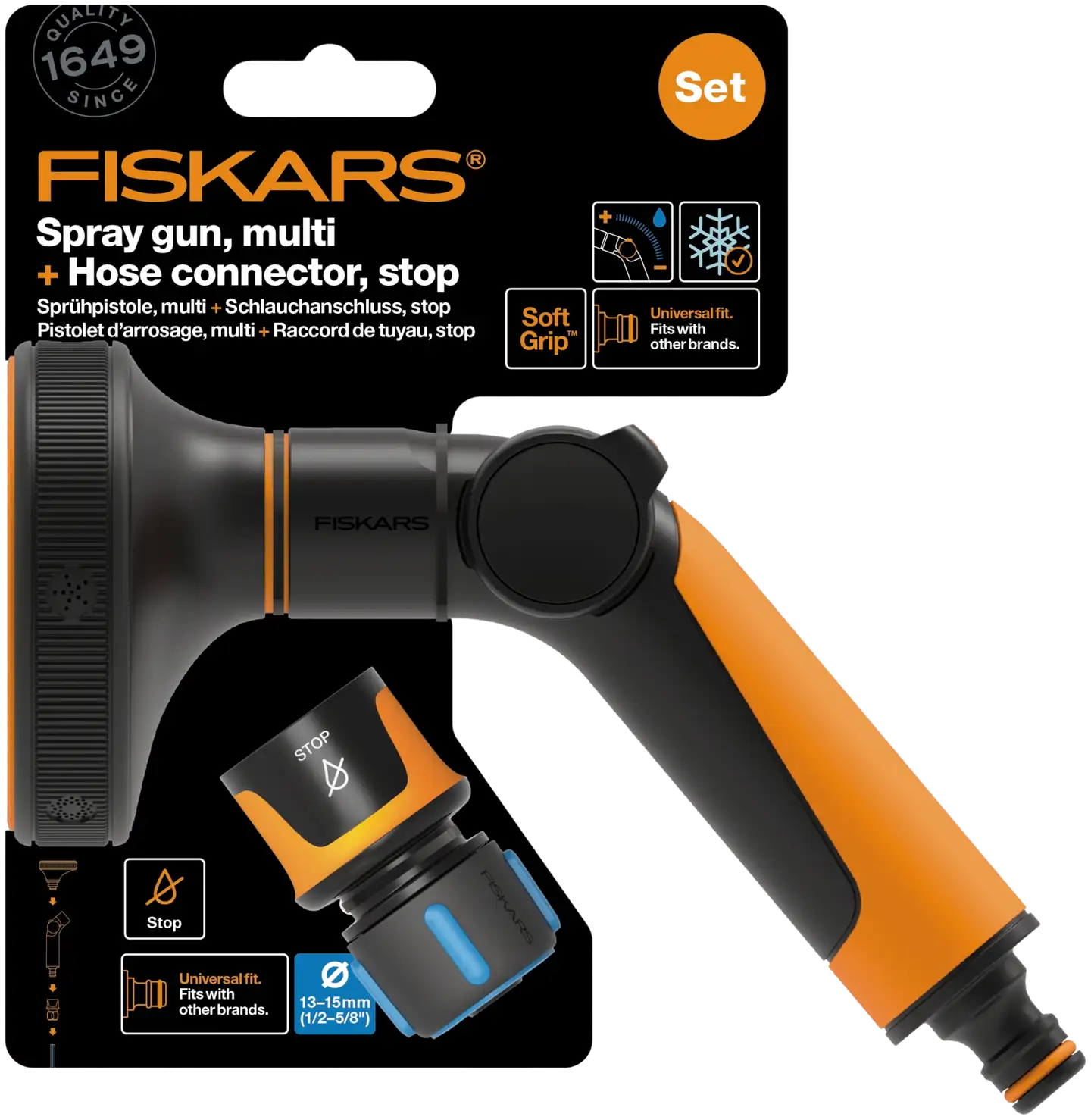 Fiskars kastelupistooli + STOP pikaliitin 13mm - 1
