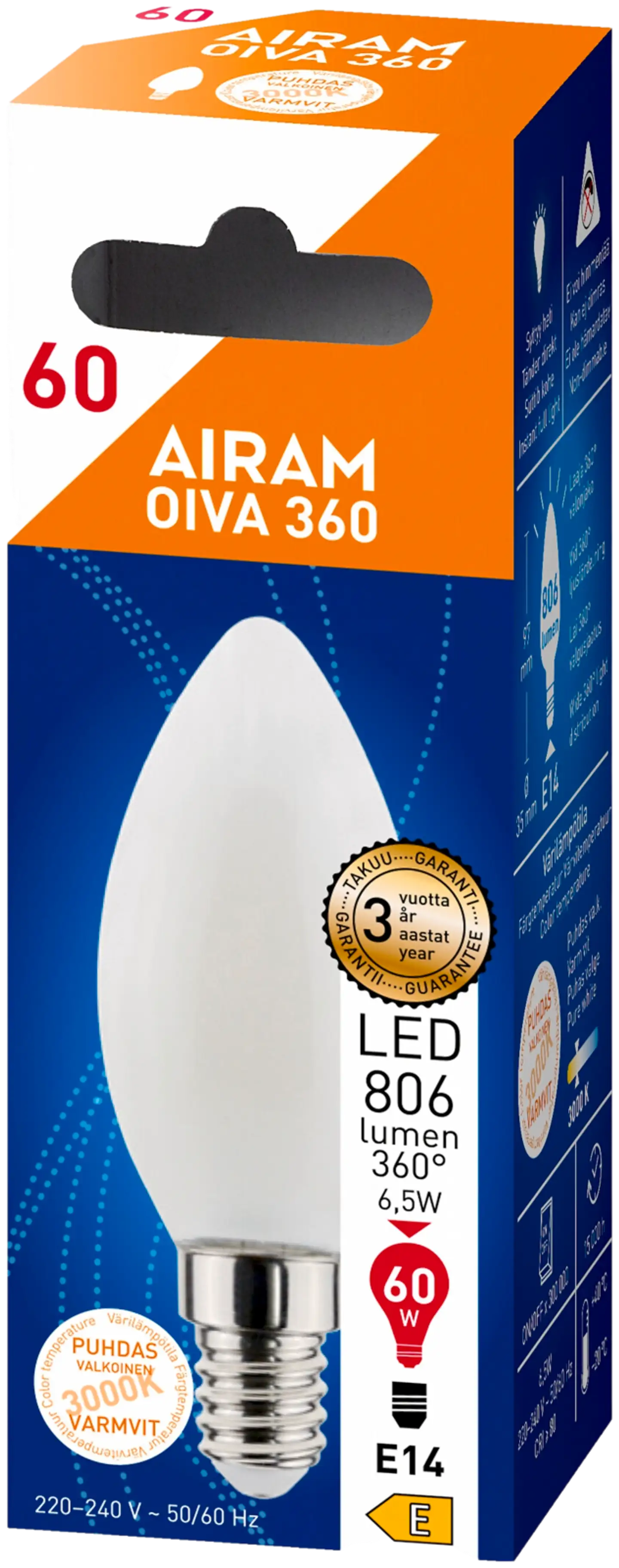 Airam LED OIVA Kynt. 6W 806lm 3000K E14 - 2