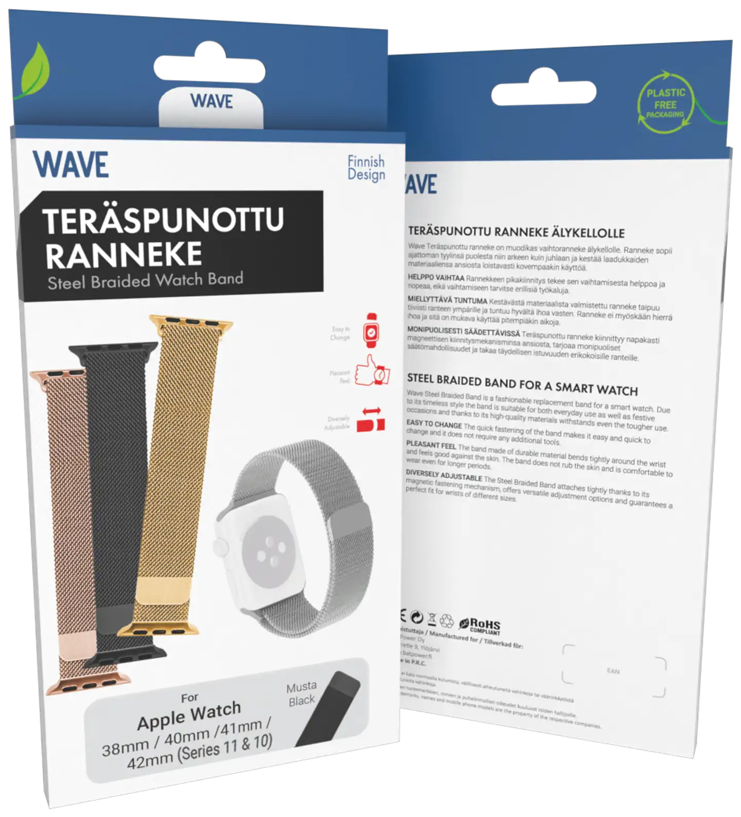 Wave Teräspunottu ranneke, Apple Watch 38mm / Apple Watch 40mm / Apple Watch 41mm / Apple Watch 42mm (Series 10 & Series 11), Musta - 5