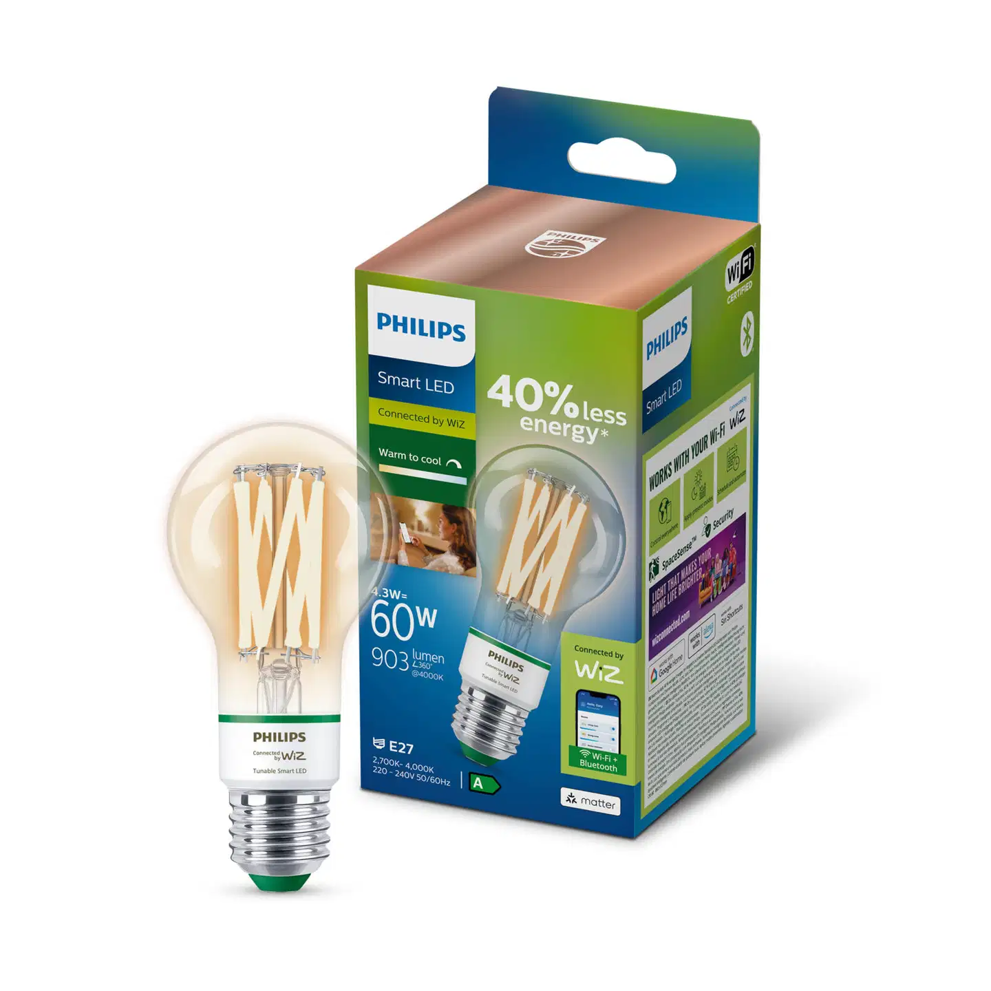 Philips Smart Lighting LED-filamenttilamppu 4.3W A60 E27 2700-6500K 903lm tunable white - 2