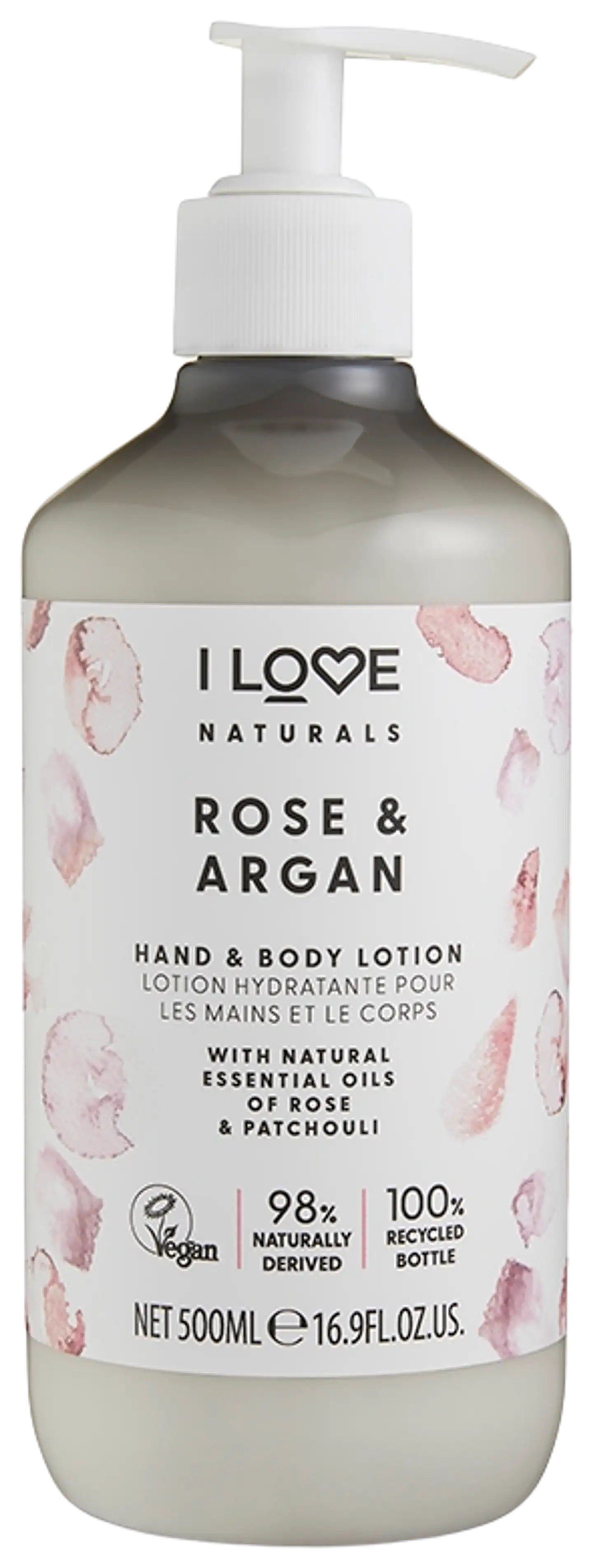 I Love Naturals käsi- ja vartalovoide Ruusu & Argan 500ml