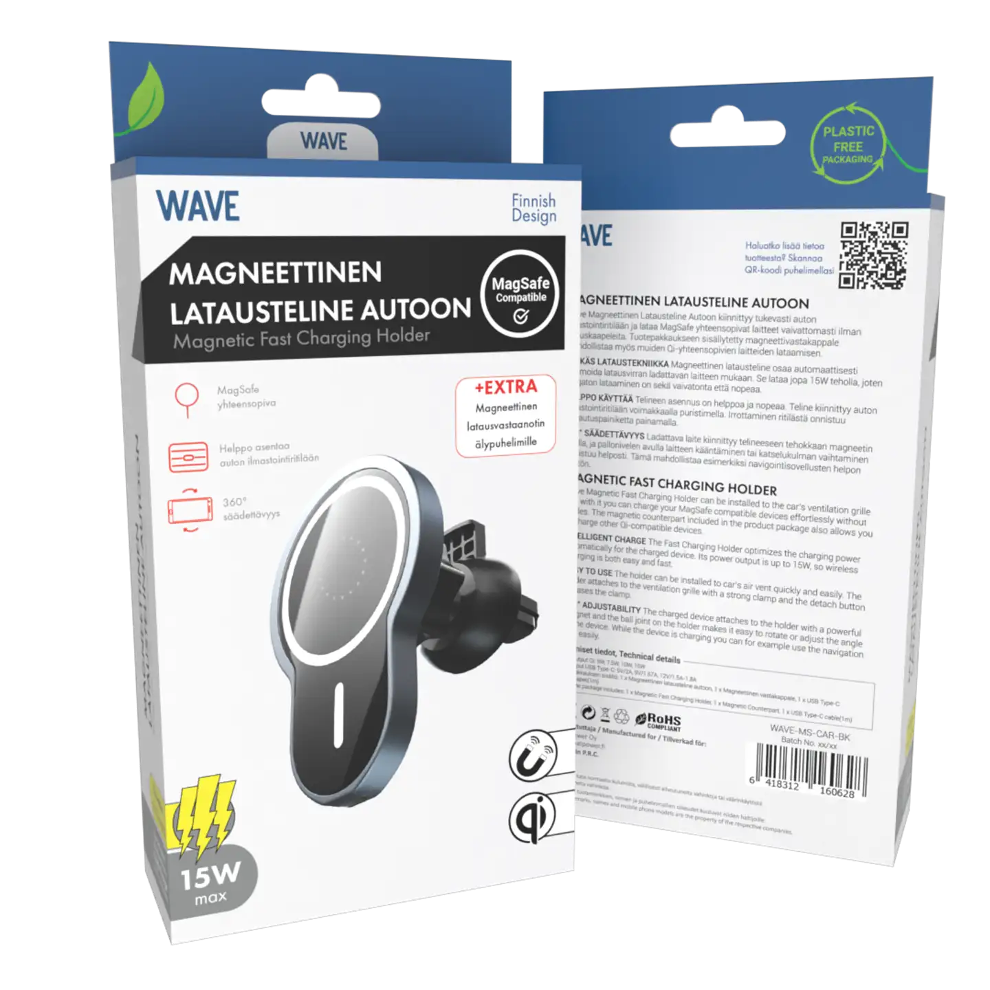 Wave Qi Magneettinen latausteline autoon, Musta - 4