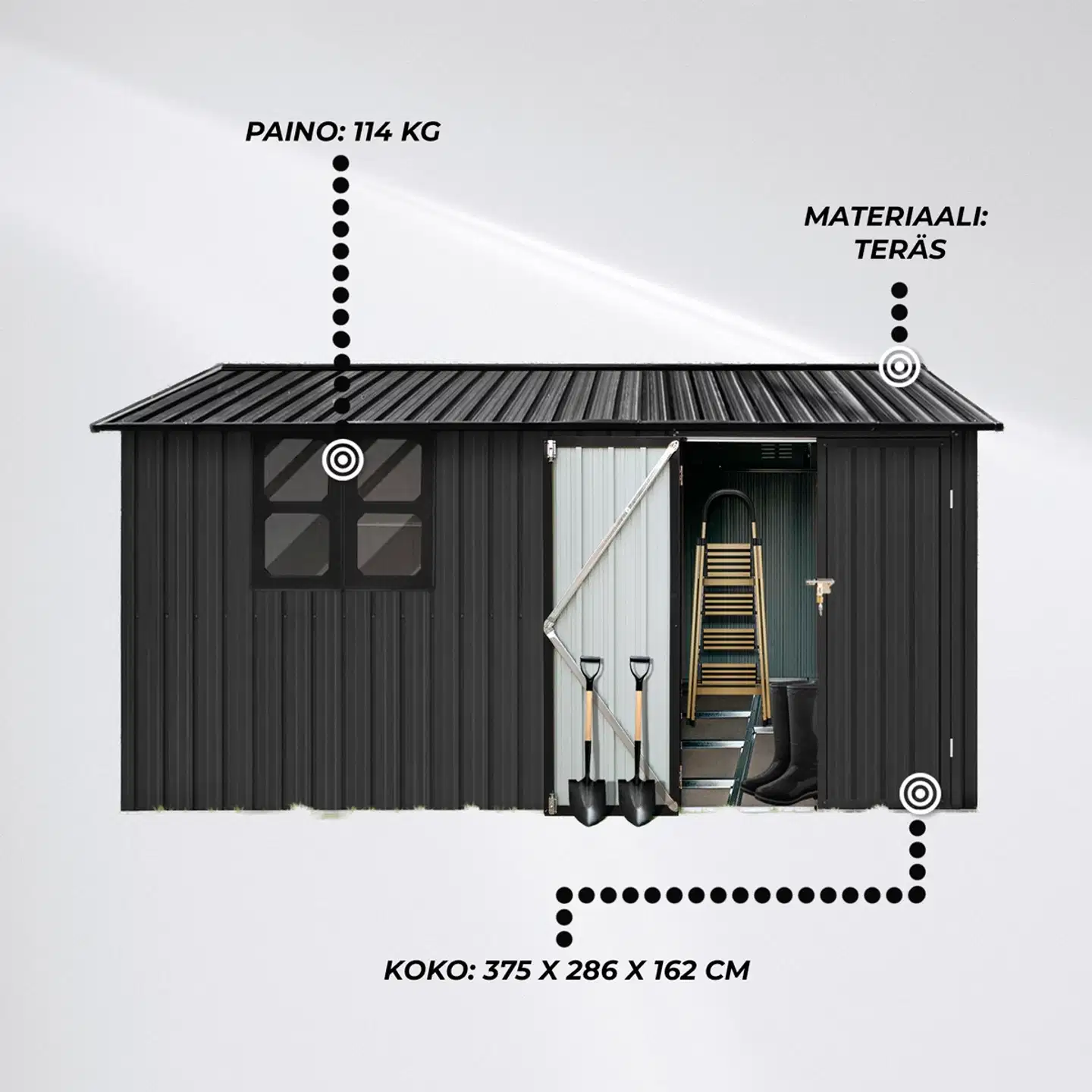 Fornorth pihavarasto ikkunalla 375x286x162cm, musta - 2
