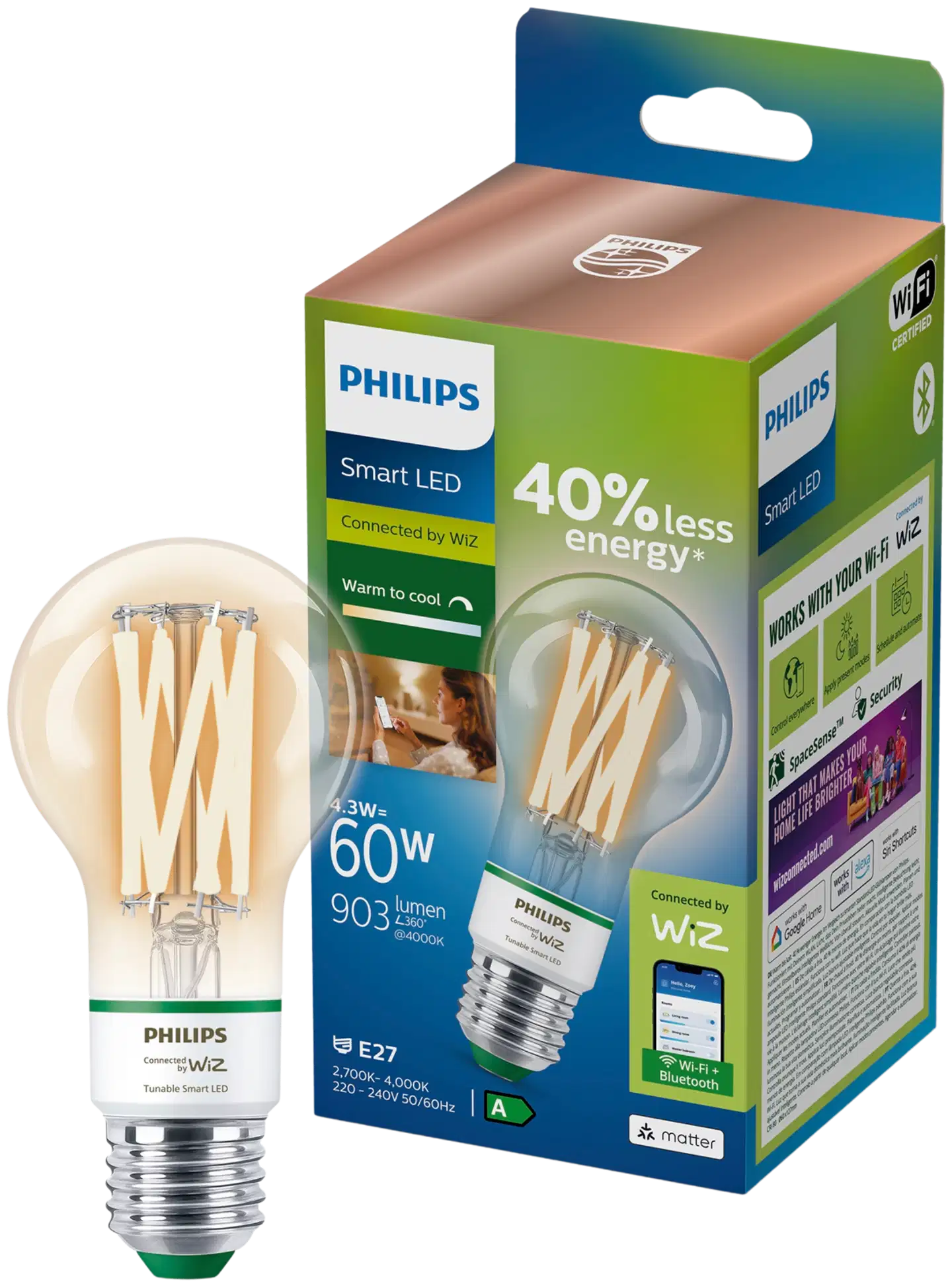 Philips Smart Lighting LED-filamenttilamppu 4.3W A60 E27 2700-6500K 903lm tunable white - 2