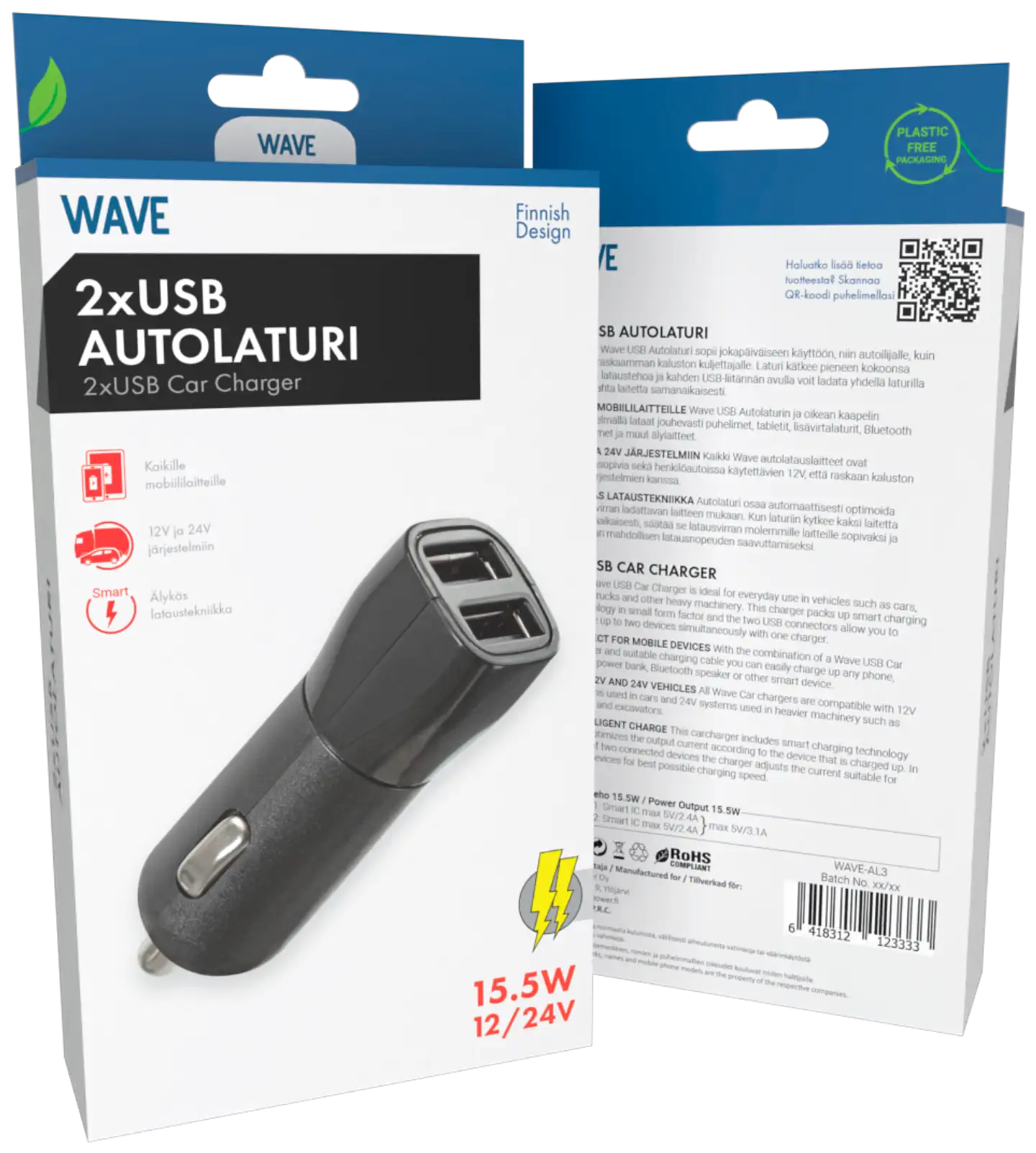 Wave Autolaturi, 2 x USB (15,5W), Musta - 2