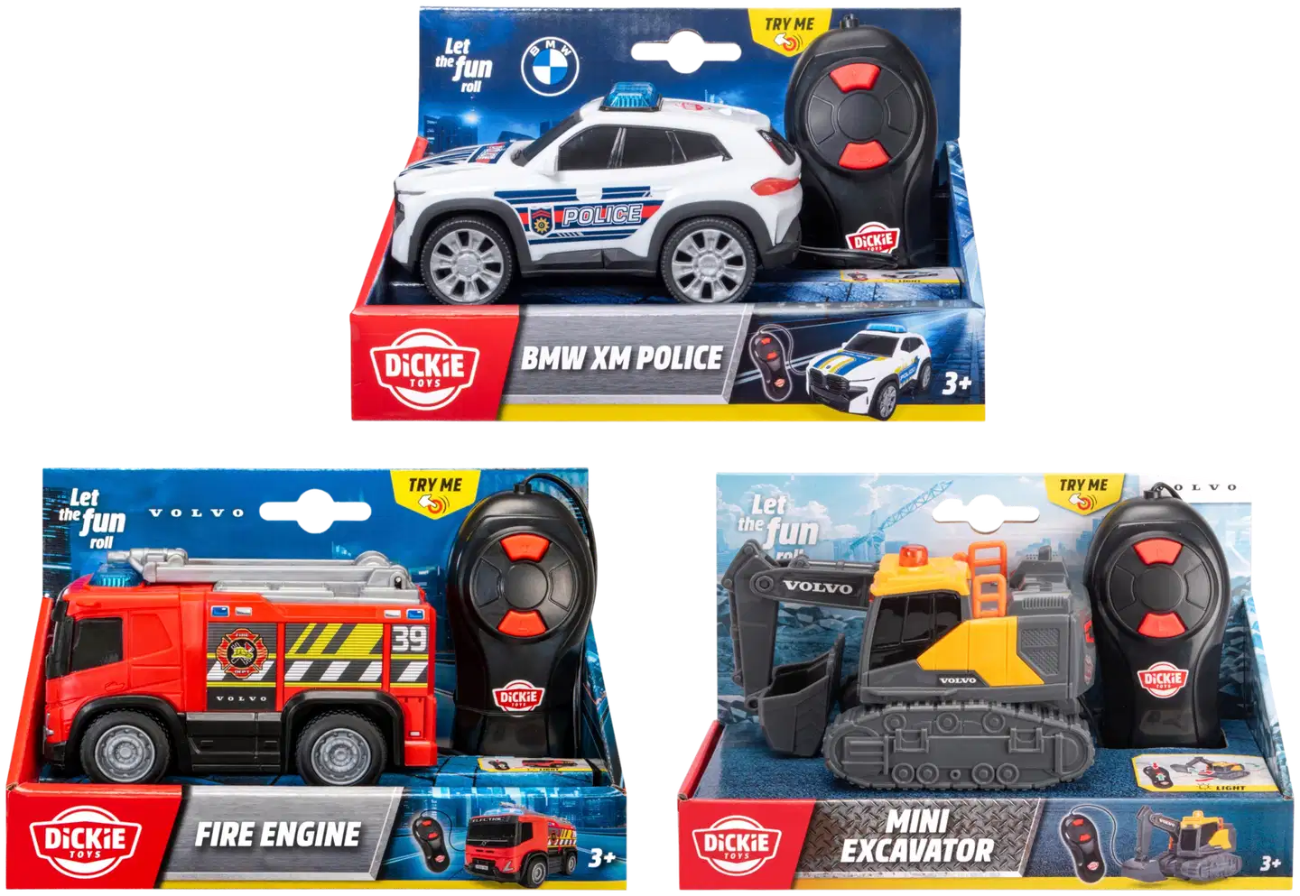 Dickie Toys - BMW poliisiauto, Volvo paloauto tai Volvo minikavinkone ja ohjain, 3 erilaista, myydään yksittäin - 1