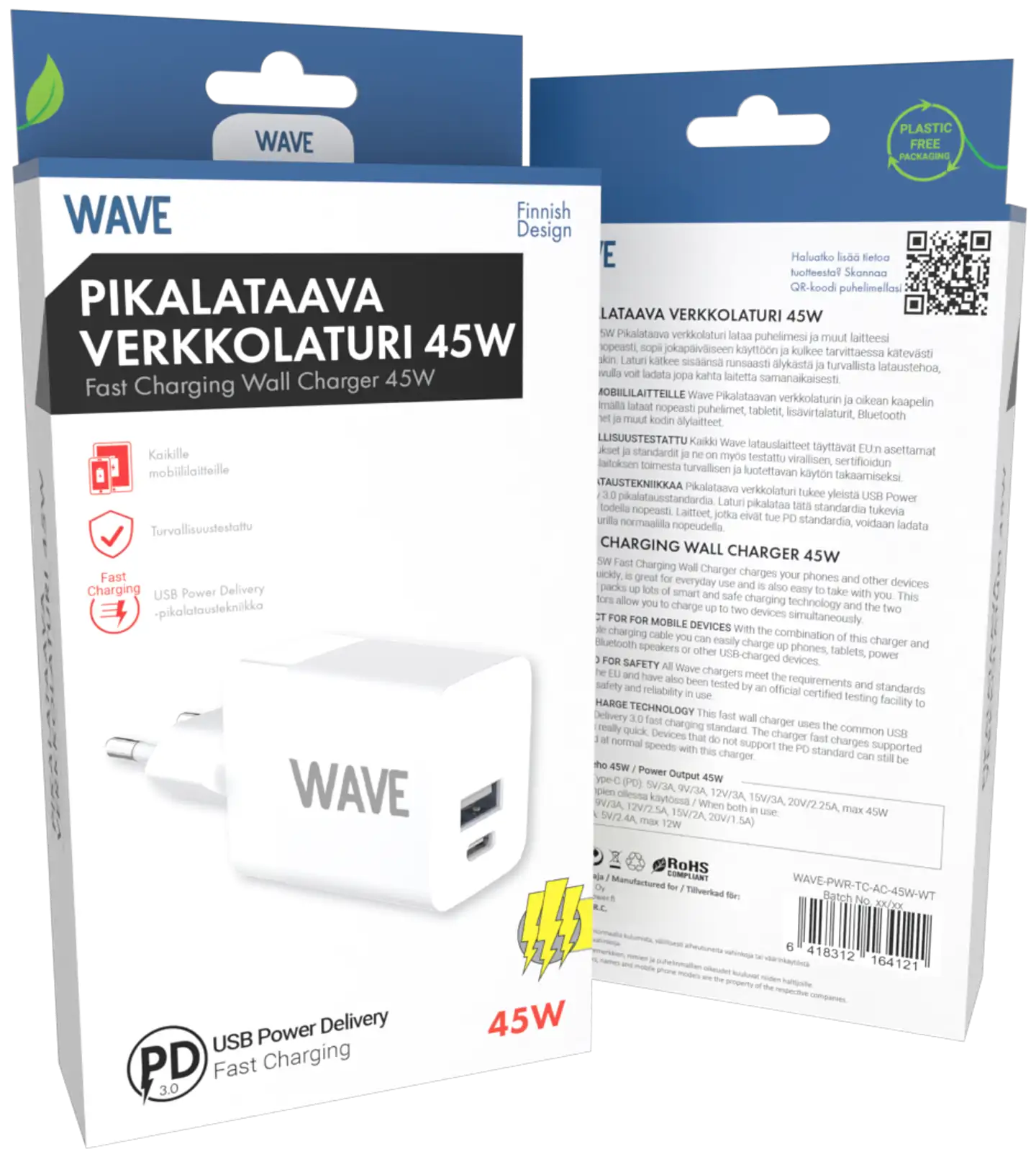 Wave 45W Pikalataava verkkolaturi, 1 x USB Type-C + 1 x USB-A (30W+12W), Valkoinen - 2