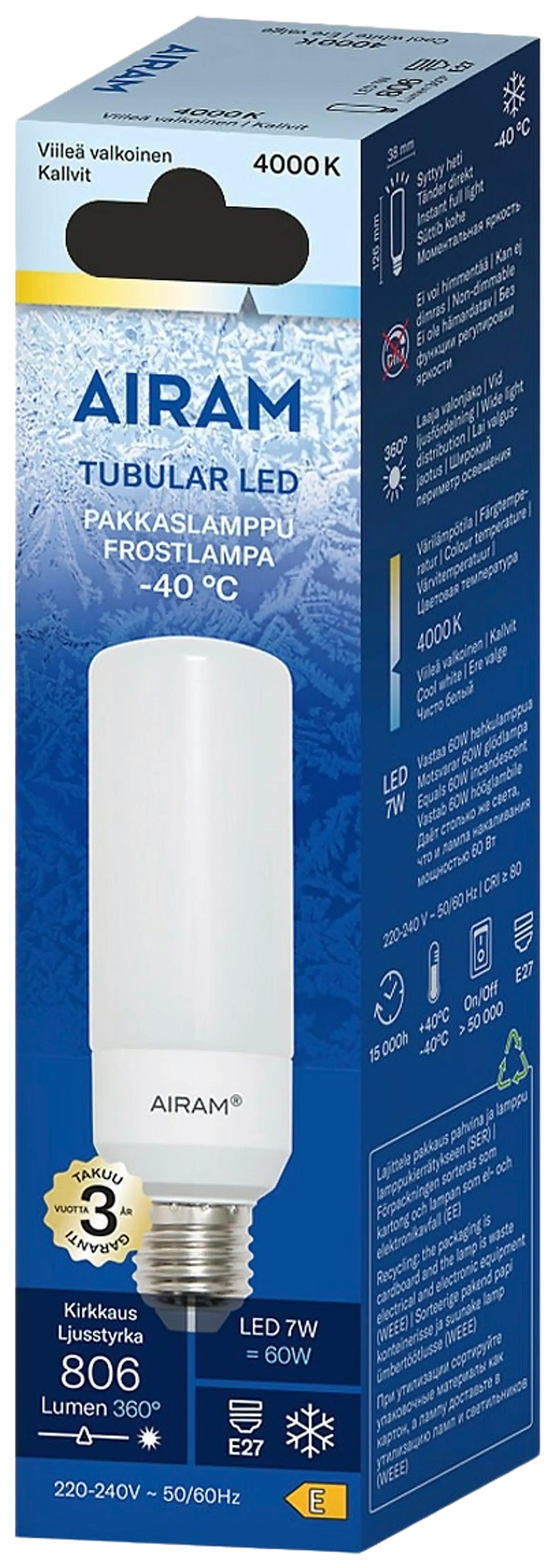 Airam Otso opaali tubular pakkaslamppu E27 4000K 806lm - 2