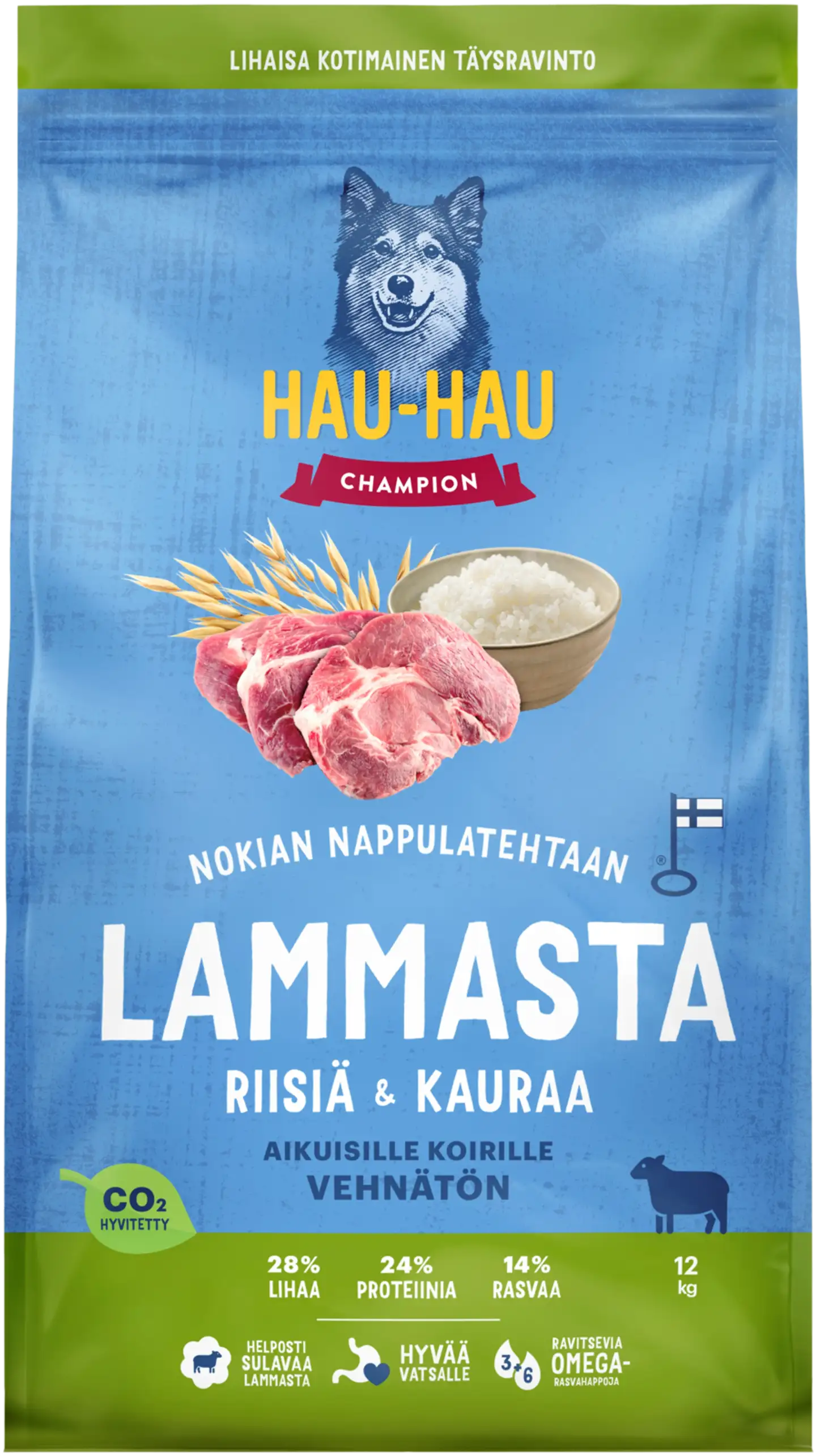 Hau-Hau Champion Nokian Nappulatehtaan Lammasta, riisiä & kauraa täysravinto aikuisille koirille 12 kg