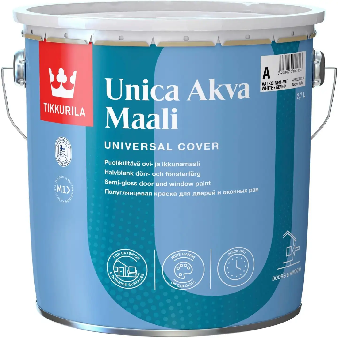 Tikkurila ovi- ja ikkunamaali Unica Akva Maali 2,7 l A valkoinen sävytettävissä