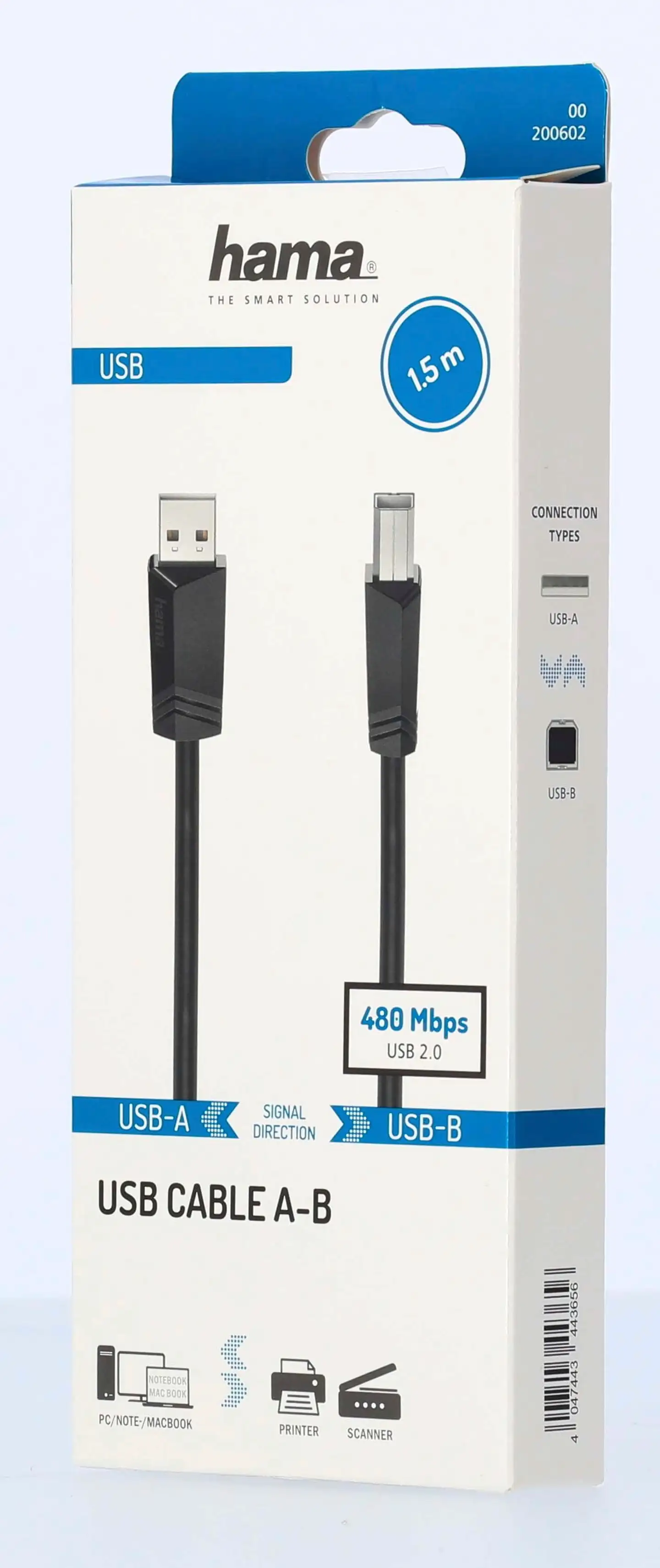 Hama USB-kaapeli, USB-A uros - USB-B uros, USB 2.0, 480 Mbit/s, 1,5 m - 2