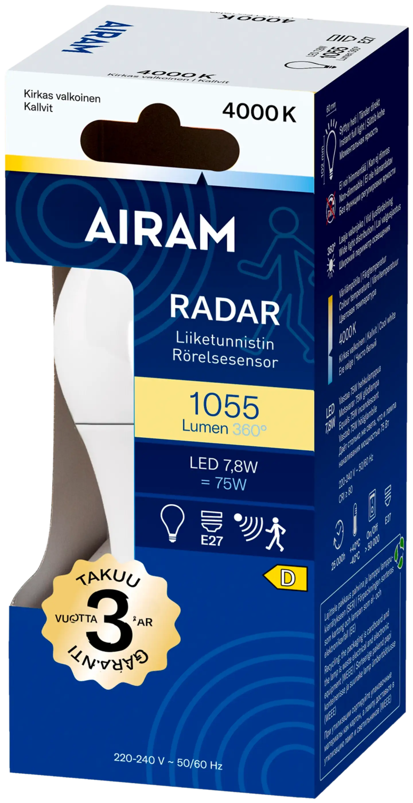 Airam led vakio 840 1055lm E27 radar, opaali - 2