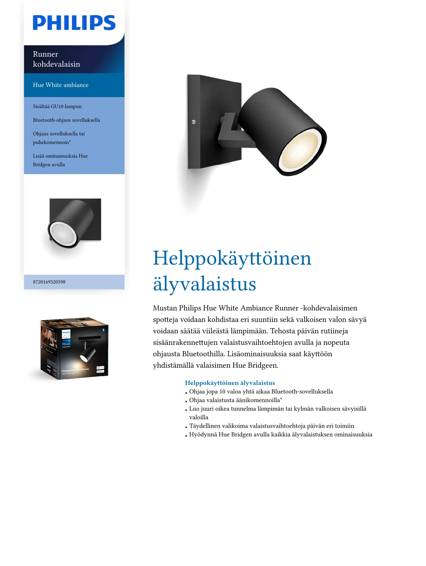 Philips Hue Runner -lisäkohdevalaisin 4.2W 2200-6500K 400LM musta - 2