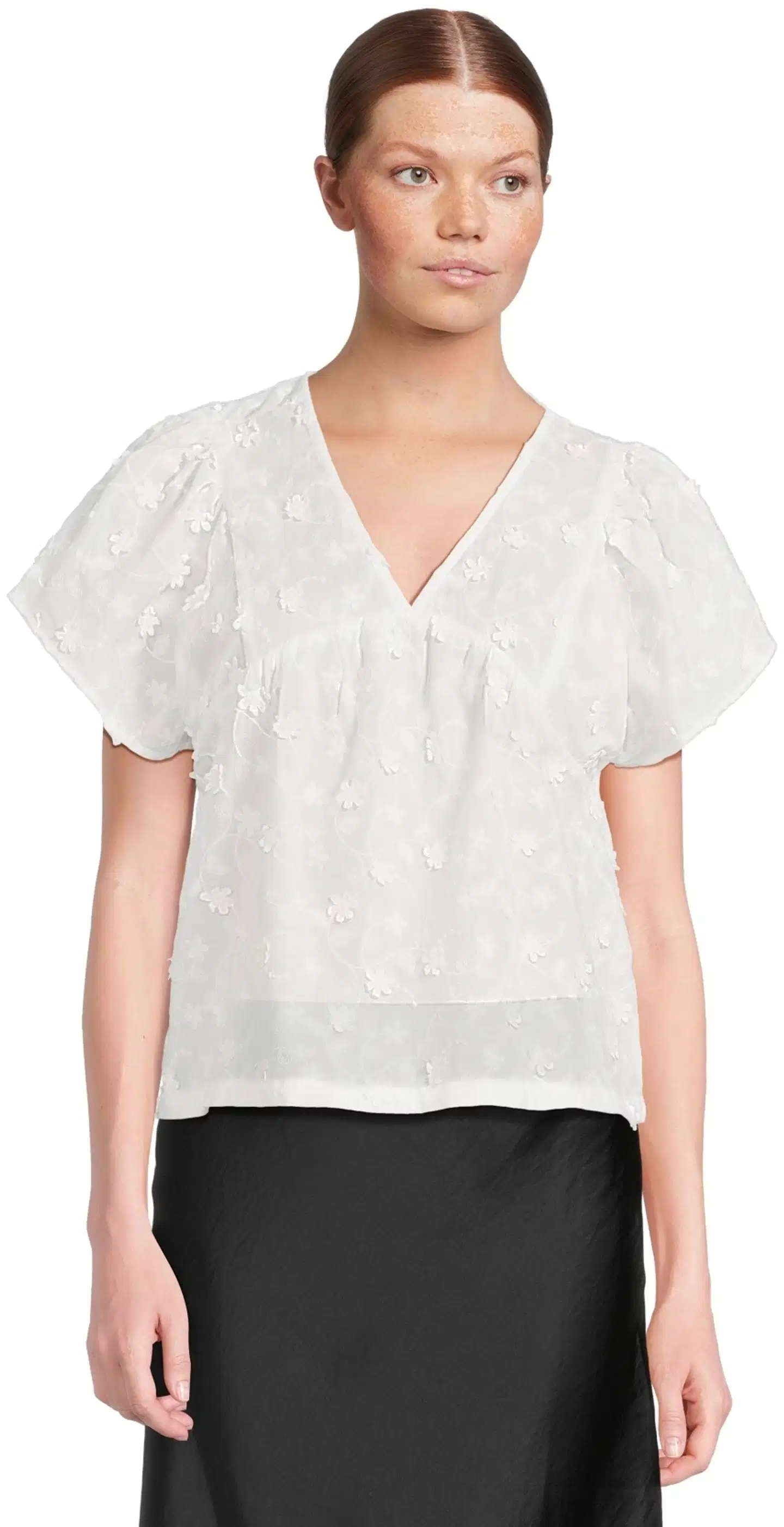 WKLY. naisten lyhythihainen puuvilla brodyyripusero 228W090625 - WHITE - 1