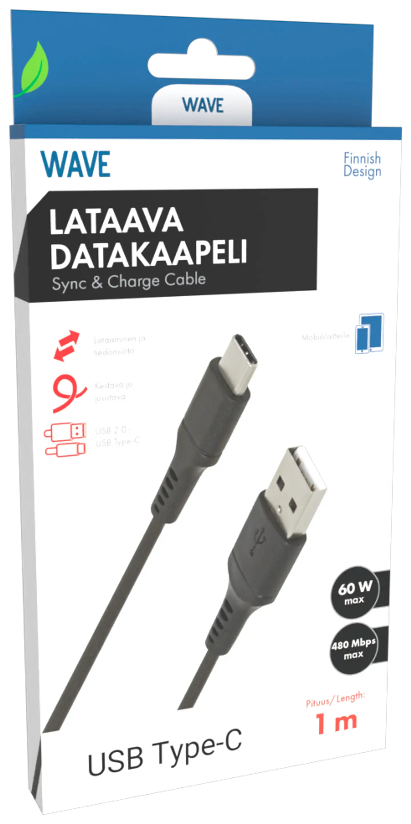 Wave Datakaapeli, Type-C, 1m, Musta - 1