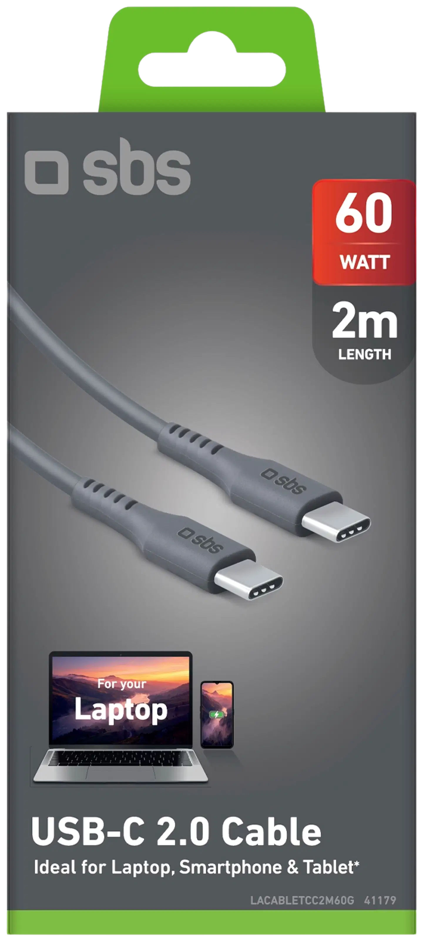 SBS USB‑C-kaapeli 60W, 2 m, harmaa - 2