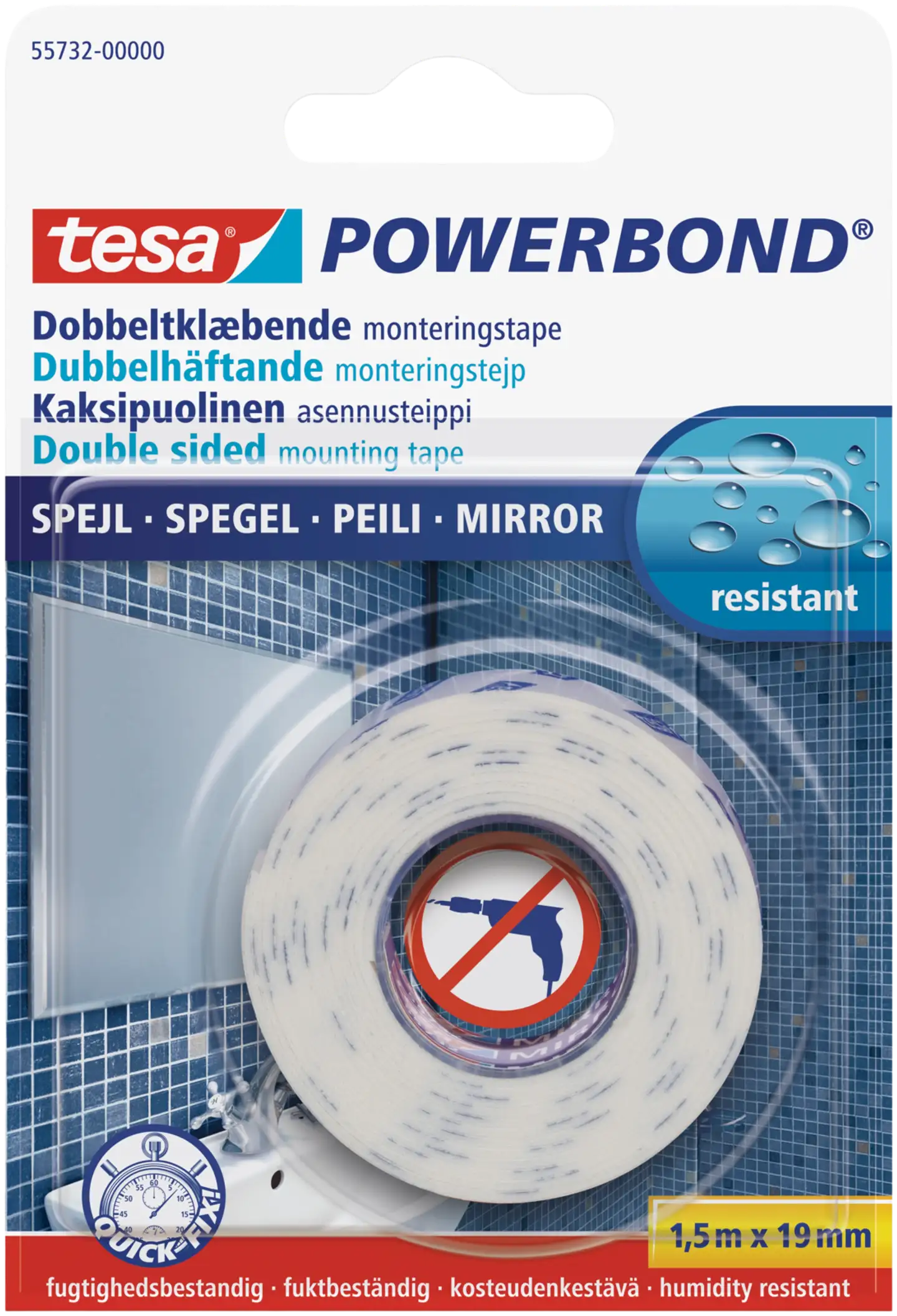 Tesa kaksipuolinen asennusteippi Powerbond peileille 1,5 m x 19 mm