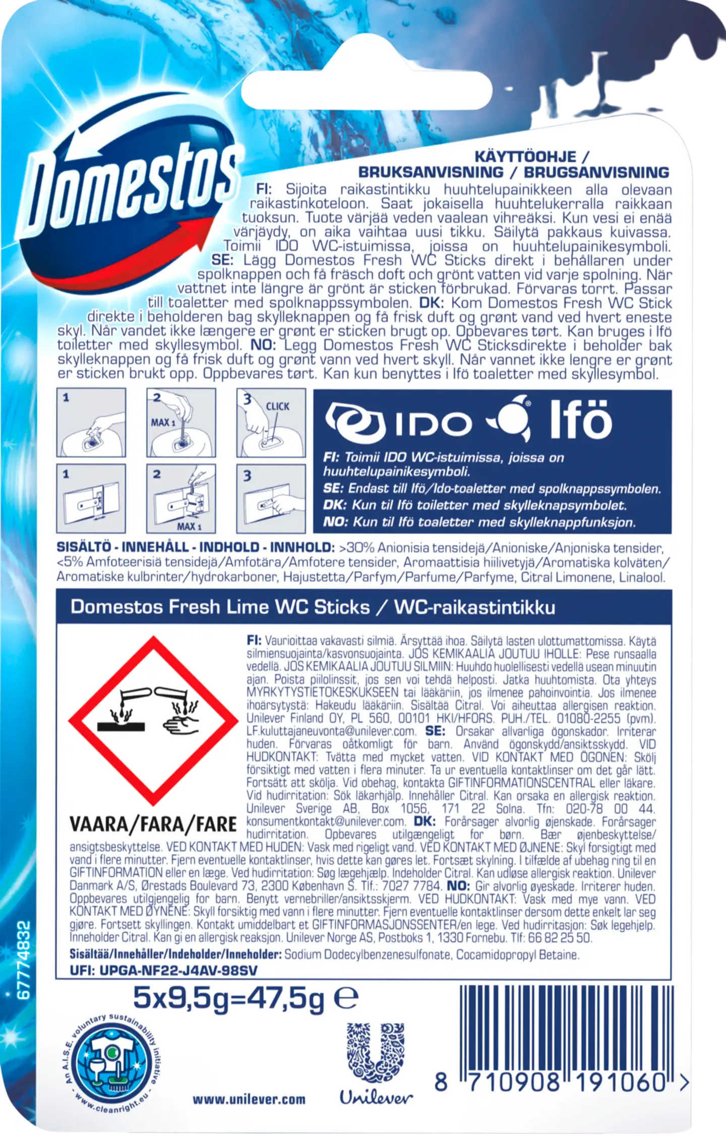 Domestos Lime Vessanpuhdistus WC-raikastintikut IDO-WC-istuimiin 5x9,5g 5 kpl - 2