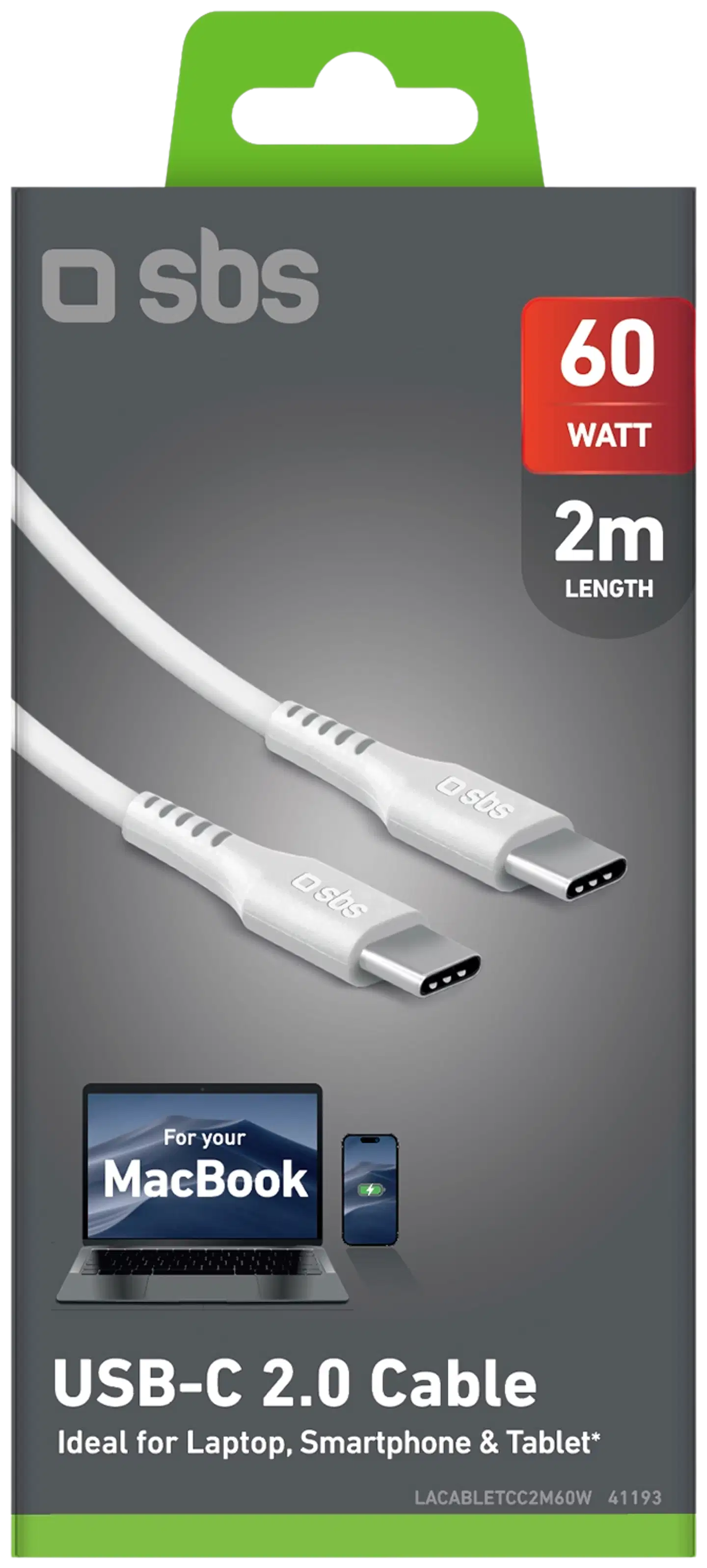 SBS USB‑C-kaapeli 60W, 2 m, valkoinen - 2