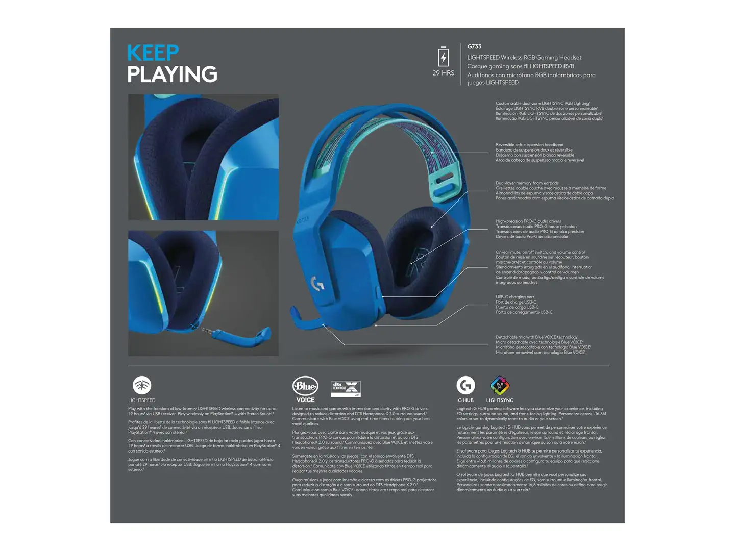 Logitech pelikuuloke Lightspeed G733 sininen - 17