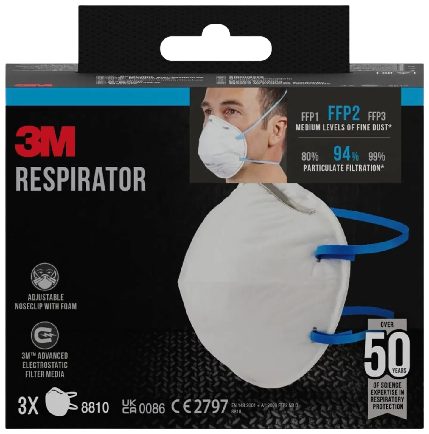 3M™ hiukkassuojain 8810, FFP2, ei venttiiliä, 3 kpl/pakkaus - 1