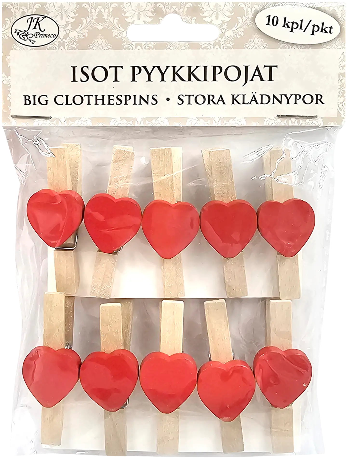 J.K. Primeco isot pyykkipojat Sydän punainen 10kpl