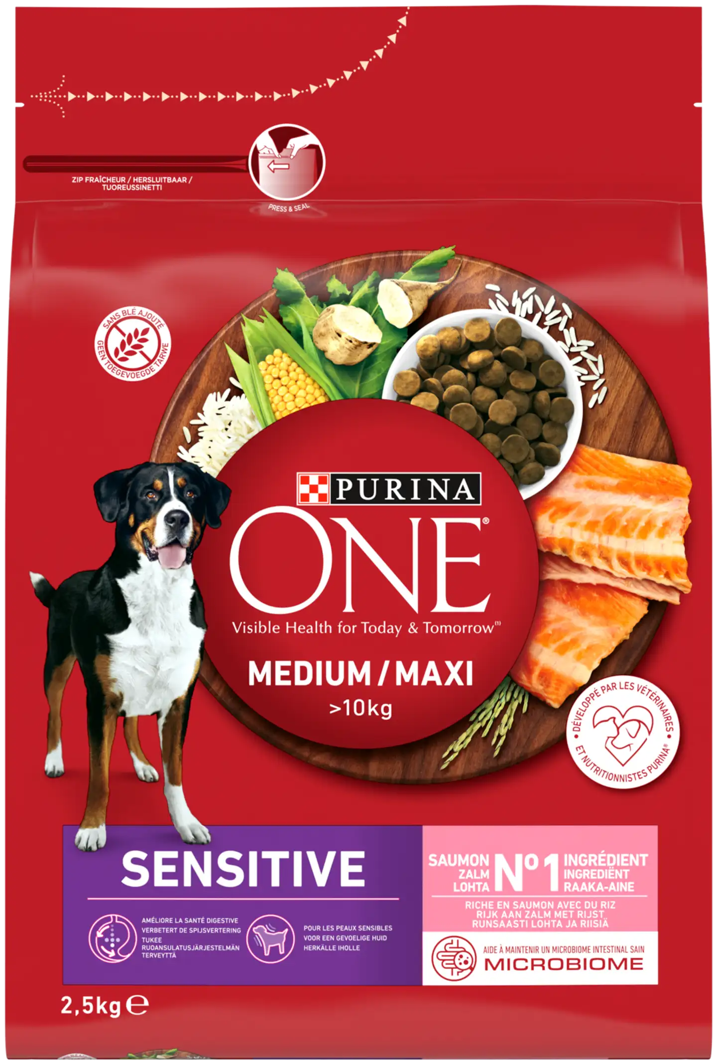 Purina ONE 2,5kg Medium/Maxi Sensitive runsaasti lohta, sisältää riisiä koiranruoka