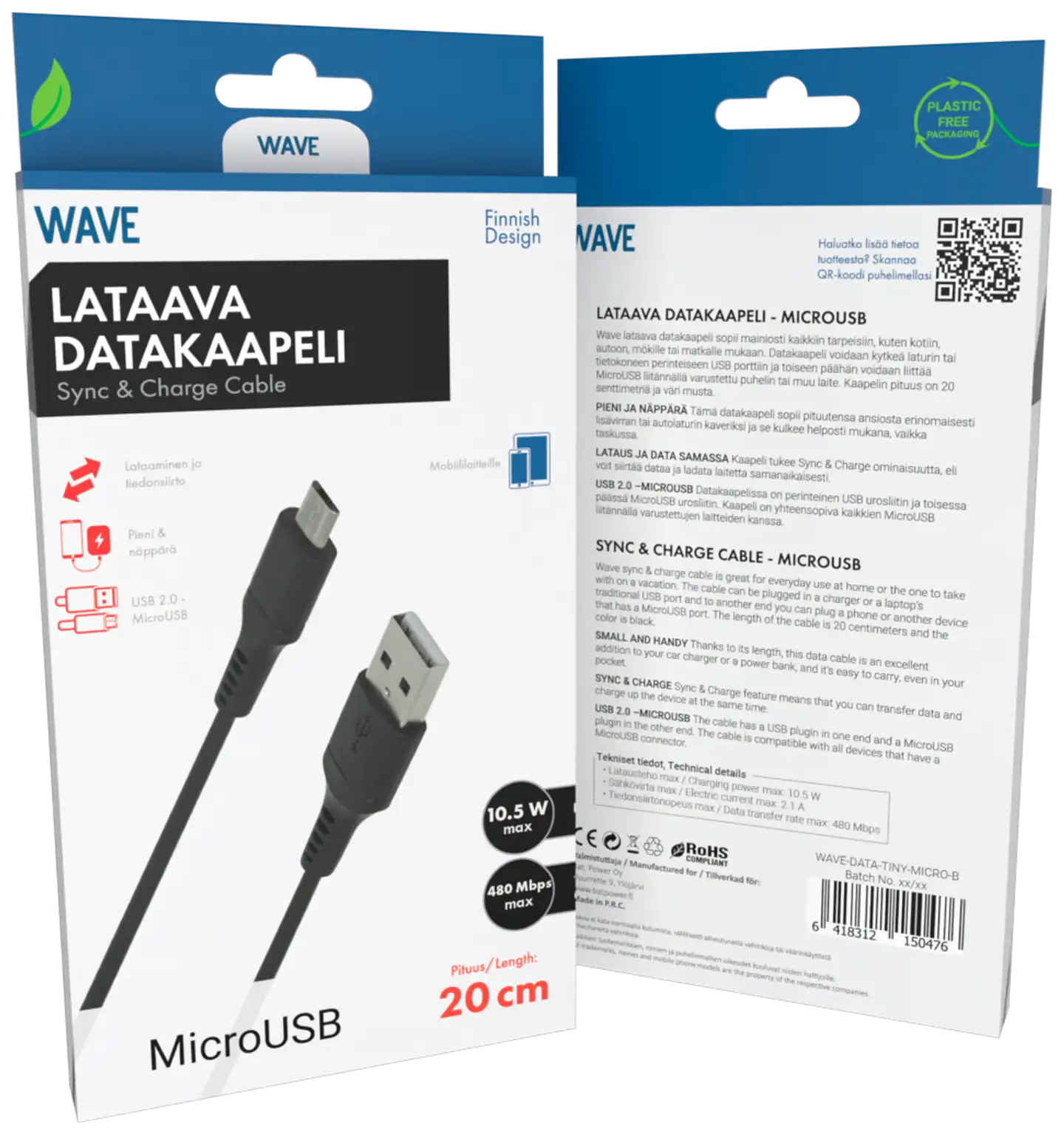 Wave Tiny datakaapeli, MicroUSB (480 Mbps), 20cm, Musta - 1