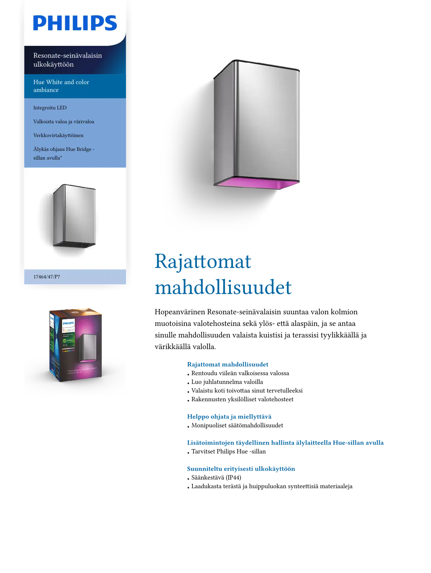 Philips Hue Resonate -seinävalaisin ulkokäyttöön 16W 2000-6500K 1180LM inox - 4