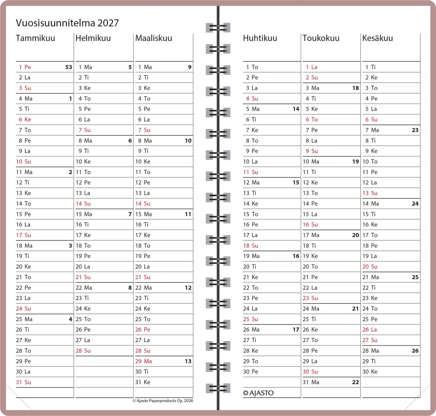Ajasto taskukalenteri Agenda, ruusukulta - 3