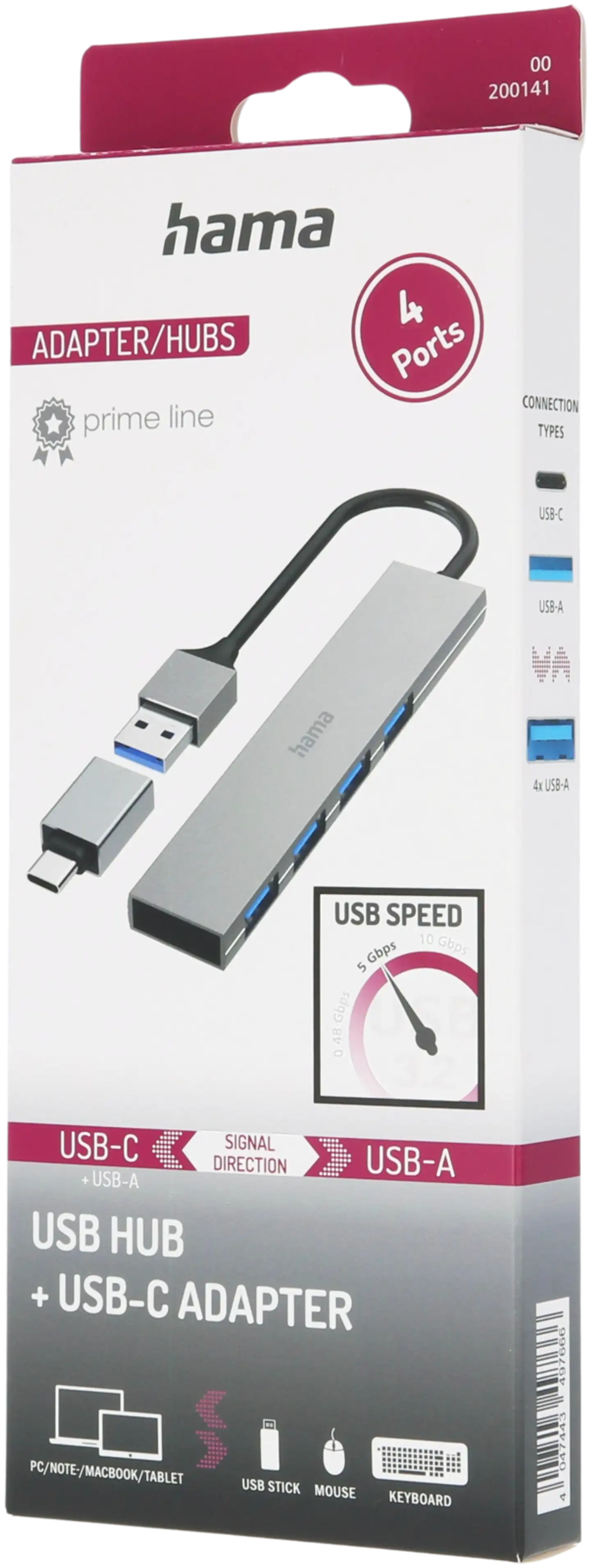 Hama USB-hubi, 4-porttinen, USB-A uros, USB-C adapteri, 4 x USB-A, USB 3.2 Gen 1, 5 Gbit/s, Ultra-slim, 0,15 m - 6