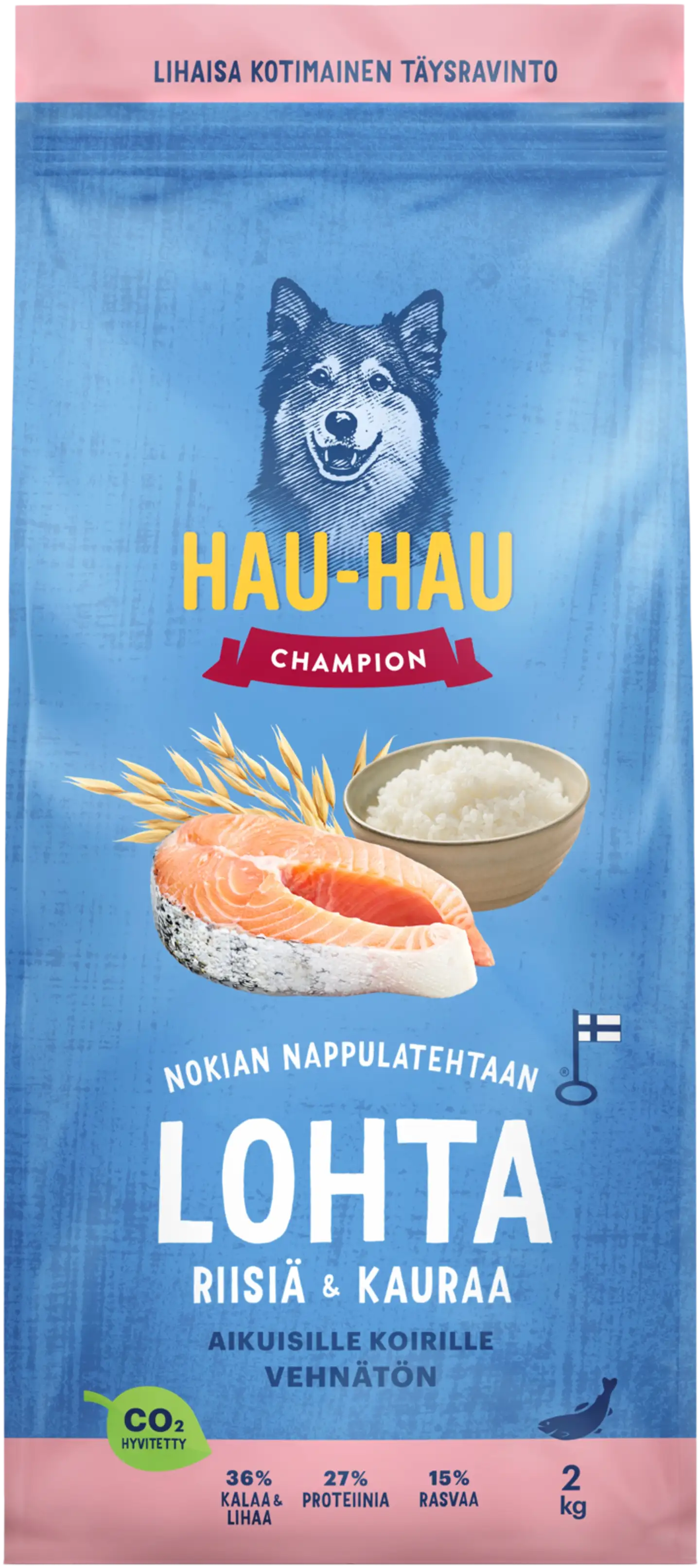 Hau-Hau Champion Nokian Nappulatehtaan Lohta, riisiä & kauraa täysravinto aikuisille koirille 2 kg