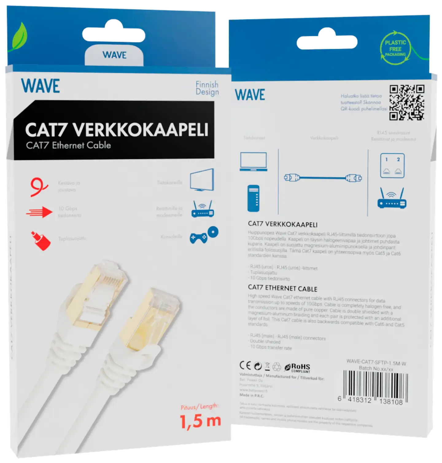 Wave S/FTP CAT7 10Gbit Ethernet LSZH parikaapeli, 1,5m, Valkoinen - 2
