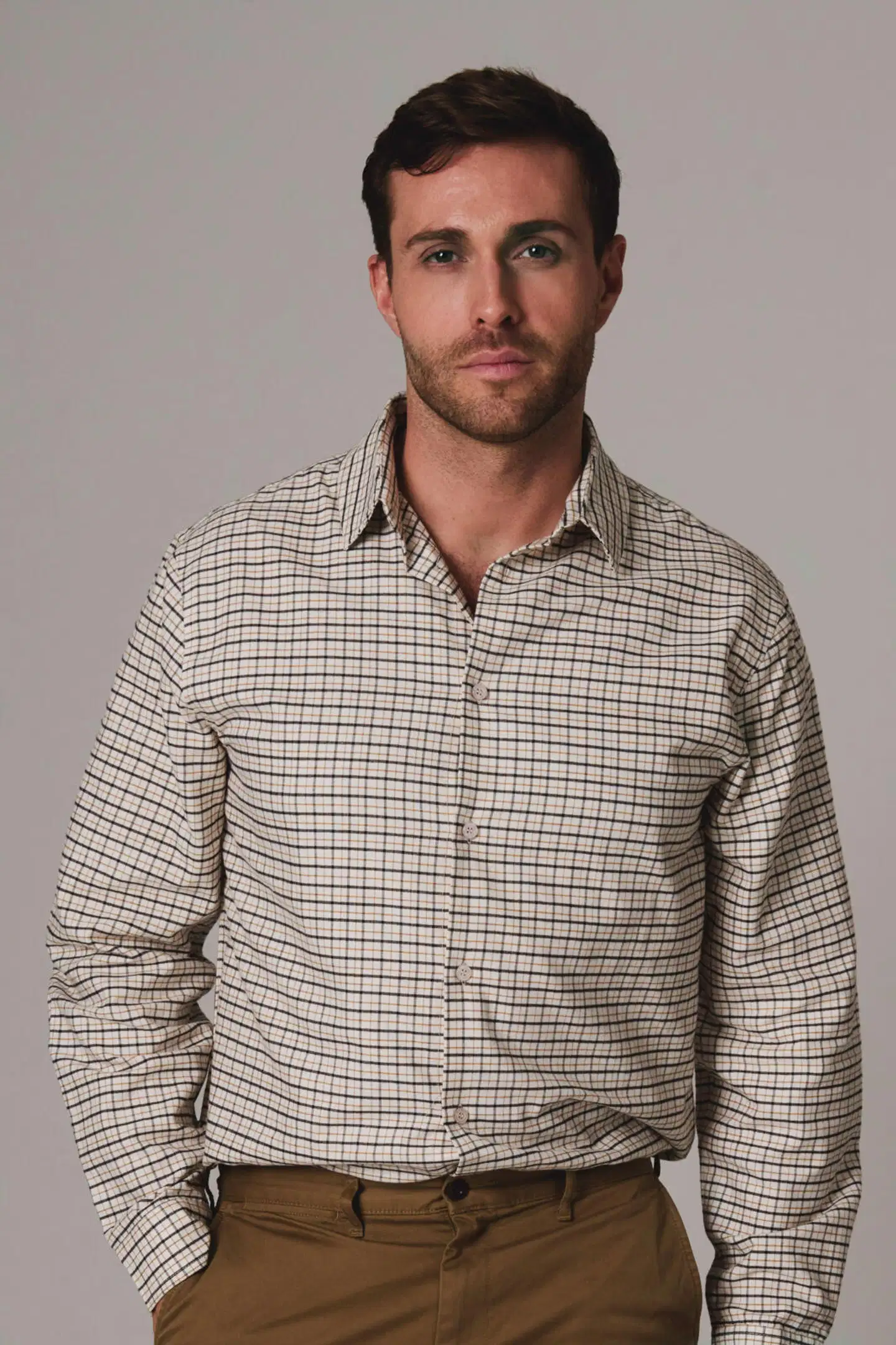 London Fog miesten Oxford-kauluspaita 194LF03267 - Offwhite w/chocolate check - 8