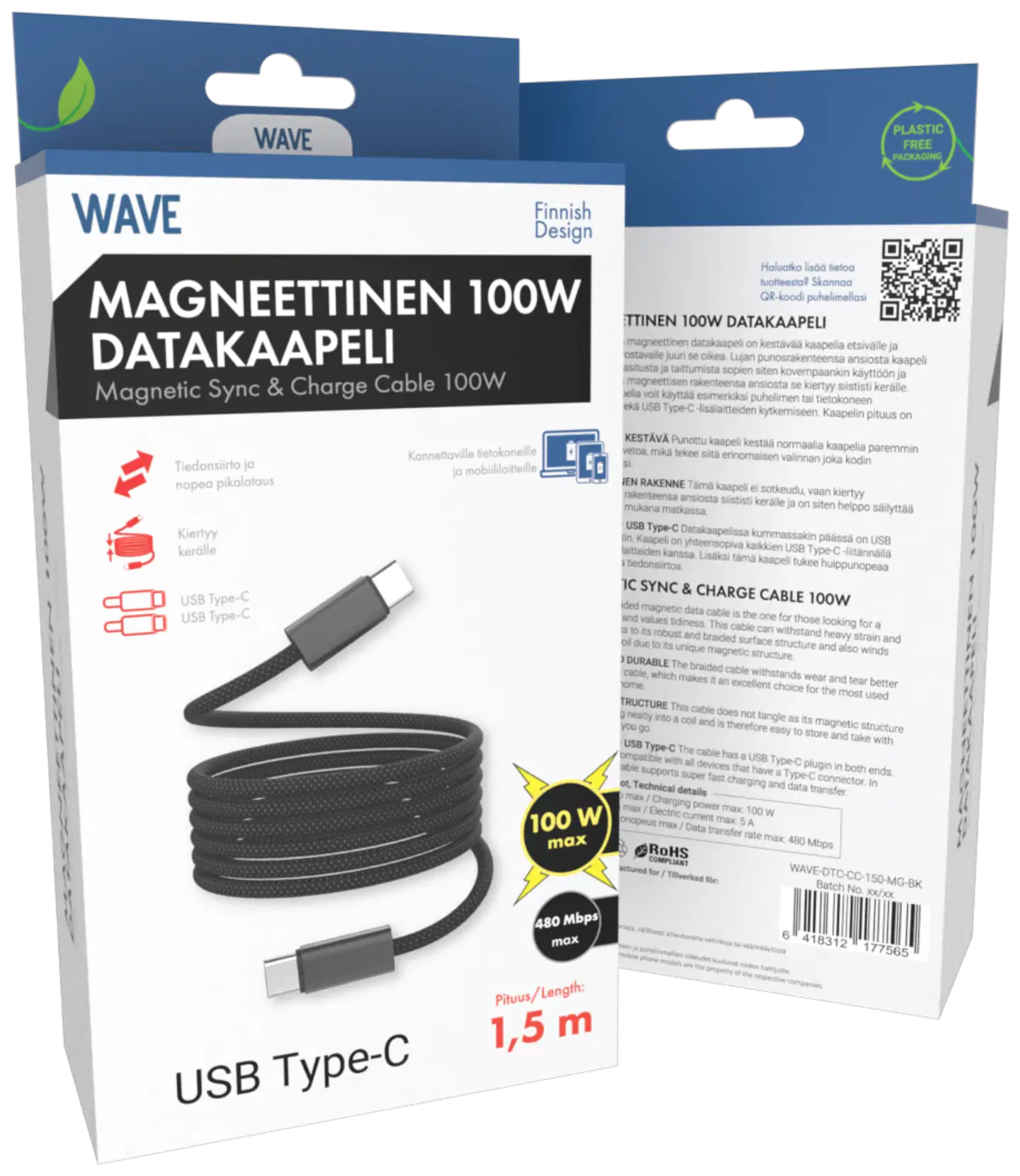 Wave Punottu magneettinen 100W datakaapeli, USB Type-C -> USB Type-C (480 Mbps), 1,5m, Musta - 1