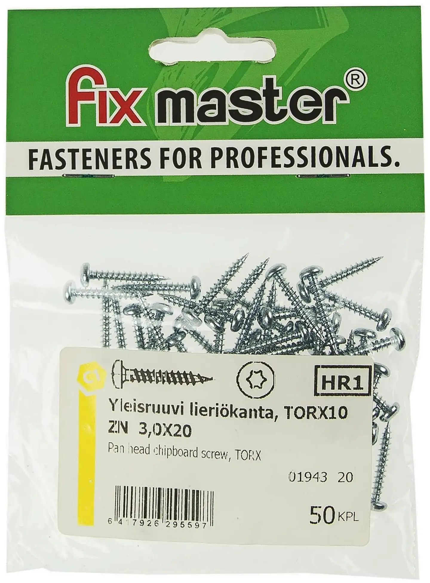 Fix Master yleisruuvi kupukanta 3,0X20 torx10 sinkitty 50kpl