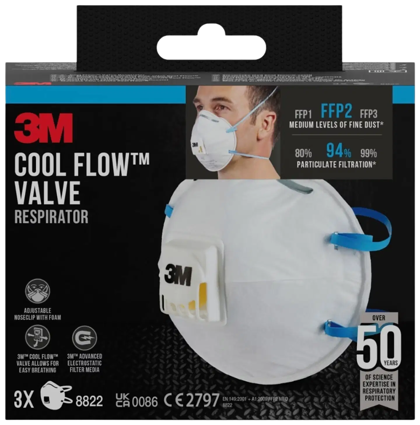 3M™ Cool Flow™ hiukkassuojain 8822, FFP2, venttiili, 3 kpl/pakkaus - 1