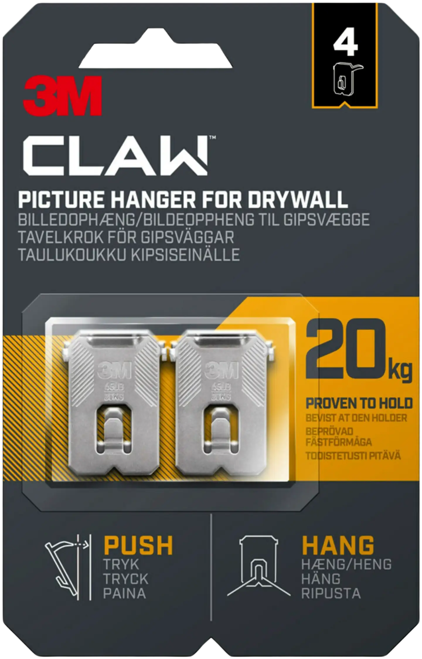 3M CLAW™-taulukoukku kipsilevylle, 20 kg 3PH20-4UKN, 4 ripustuskoukkua - 1