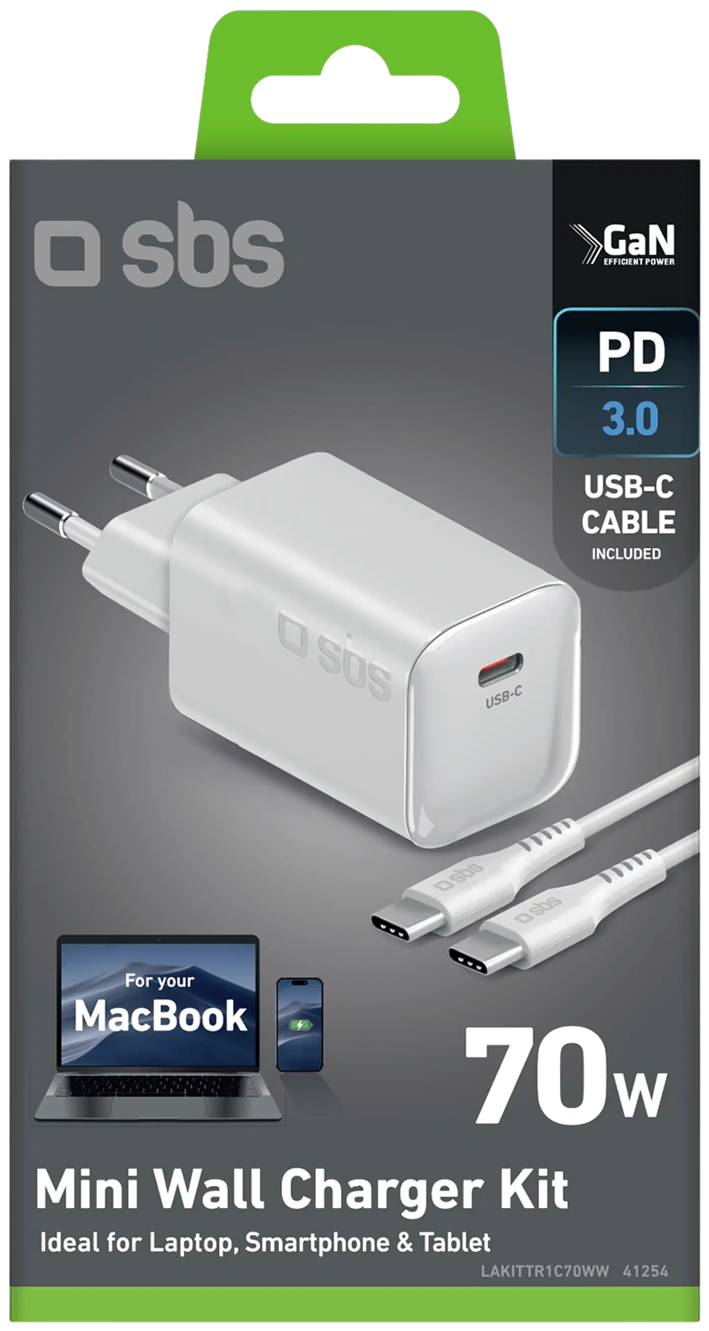 SBS GaN mini -seinälaturipaketti, USB‑C PD70W + USB‑C 60W kaapeli 2 m, valkoinen - 2